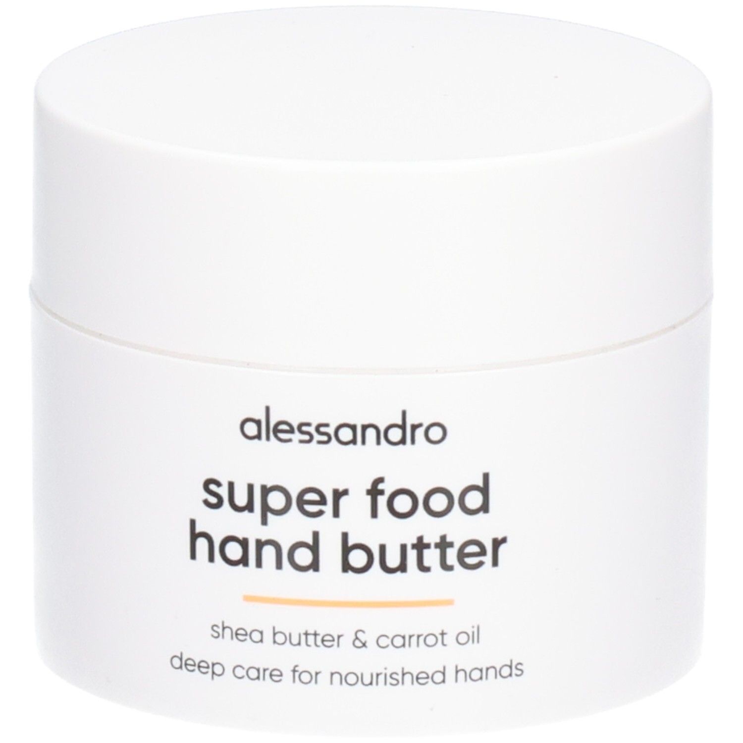 Weißer Tiegel mit Deckel. Aufschrift: Alessandro, Super Food Hand Butter, Shea Butter & Karottenöl. Tiegel steht.