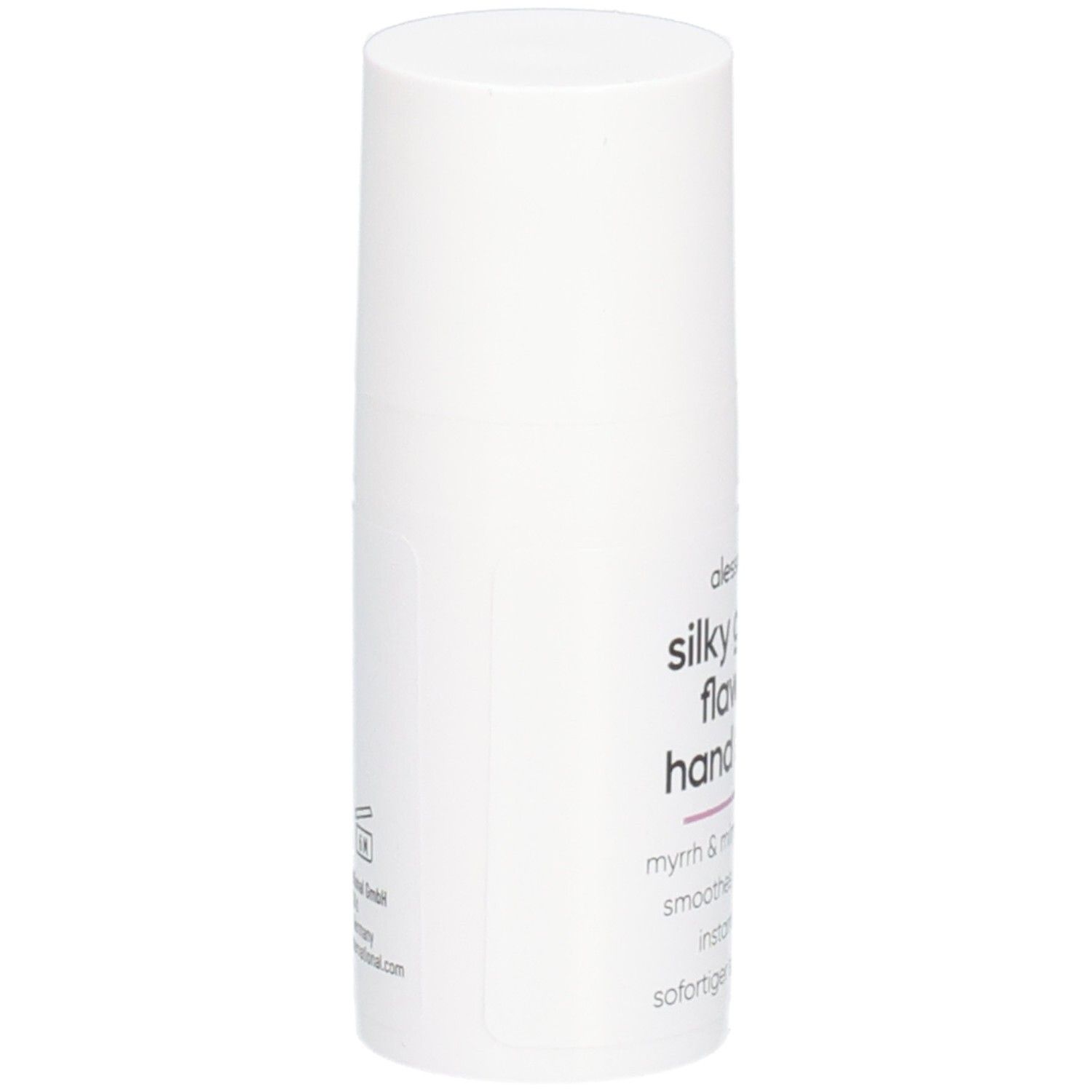 Weißer Zylinder, Produktaufschrift: Silky Gloves Flawless Hand Serum. Text: Myrrhe & Mimose, glättet & schützt, Soforteffekt.