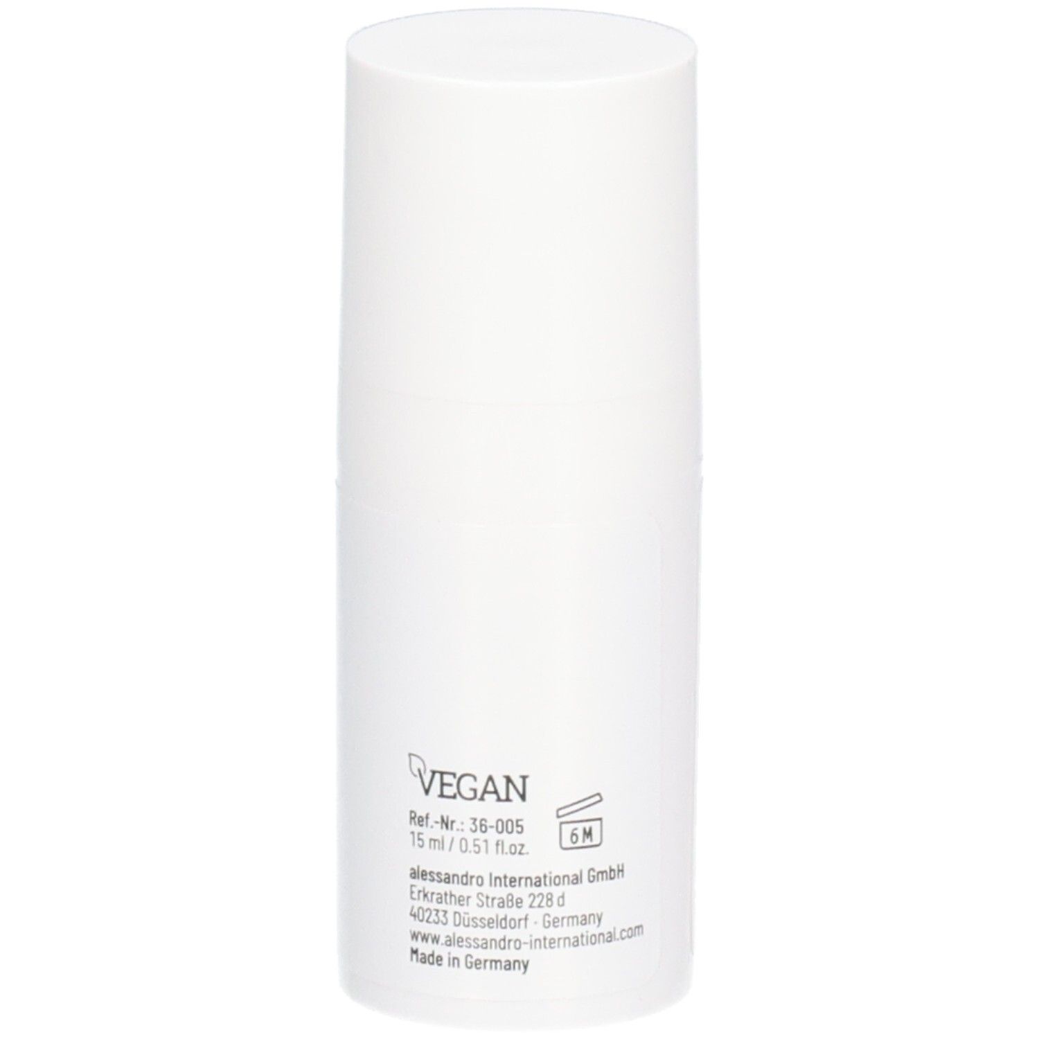 Weißer Zylinder mit Produktaufschrift: Silky Gloves Flawless Hand Serum. Vegan-Siegel. 15 ml/0.51 fl.oz. 6M. Herstelleradresse.