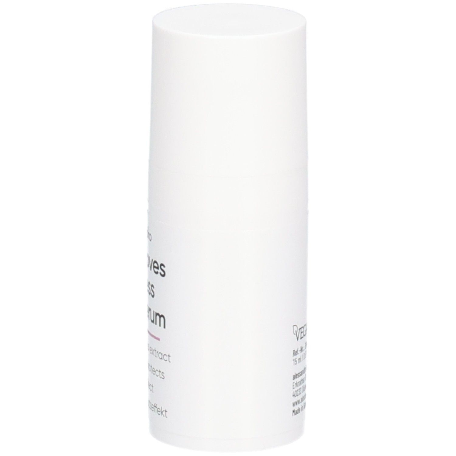 Weißer Zylinder mit Produktaufschrift: Silky Gloves Flawless Hand Serum. Text: Myrrhe & Mimose, glättet & schützt, Soforteffekt.