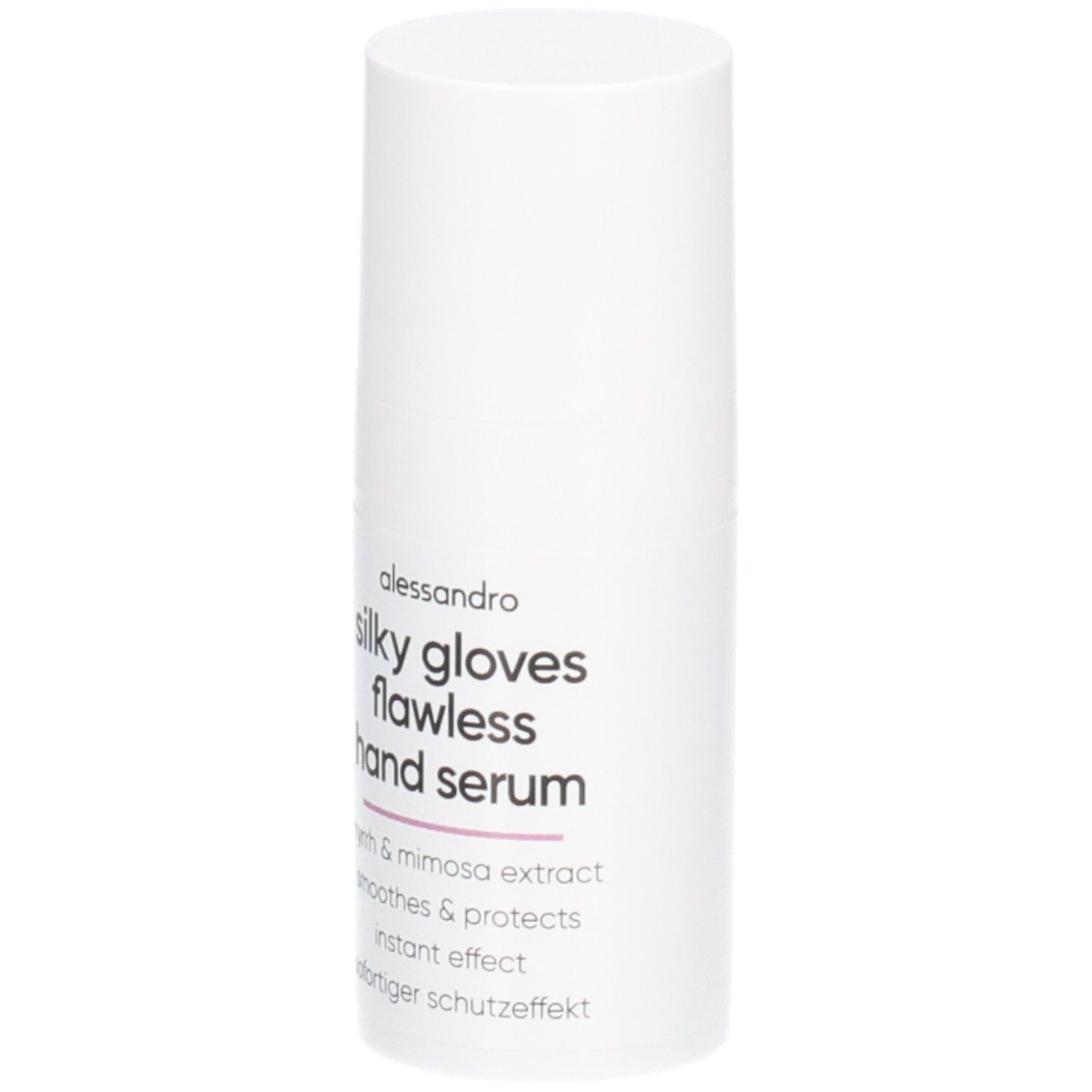 Weißer Zylinder mit Produktaufschrift: Silky Gloves Flawless Hand Serum. Text: Myrrhe & Mimose, glättet & schützt, Soforteffekt.