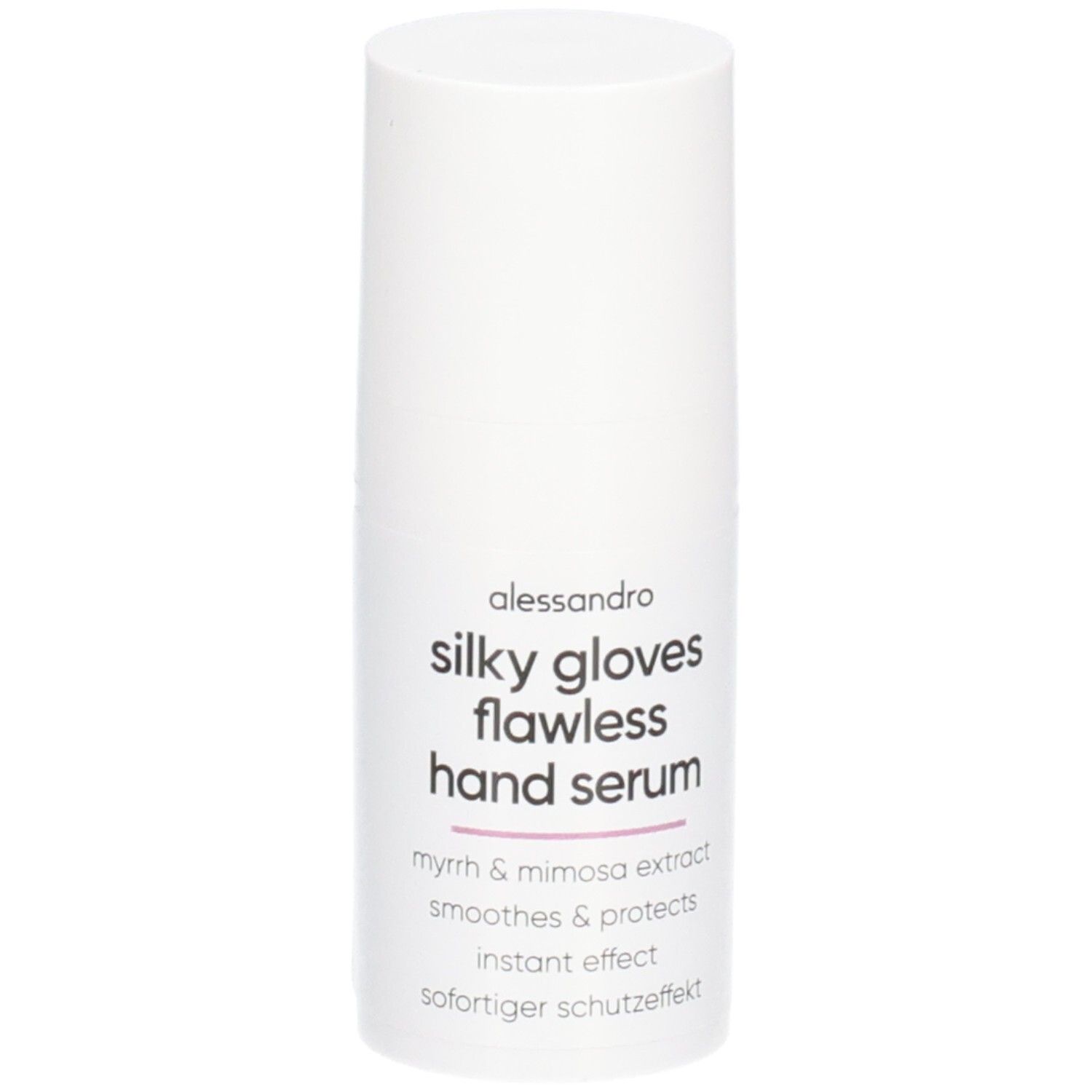 Weißer Zylinder mit Produktaufschrift: Silky Gloves Flawless Hand Serum. Text: Myrrhe & Mimose, glättet & schützt, Soforteffekt.