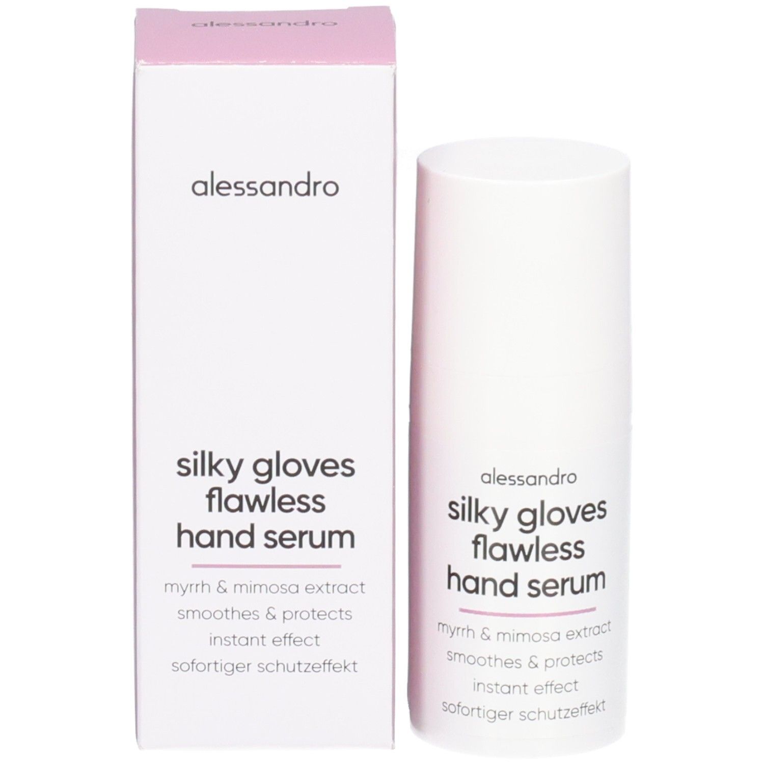 Produktverpackung: Weißer Zylinder und Karton. Aufschrift: Silky Gloves Flawless Hand Serum. Text: Myrrhe & Mimose, glättet & schützt, Soforteffekt.