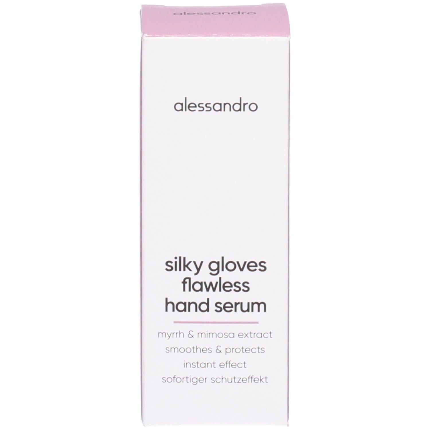 Produktverpackung: Karton mit Aufschrift: Silky Gloves Flawless Hand Serum. Text: Myrrhe & Mimose, glättet & schützt, Soforteffekt.