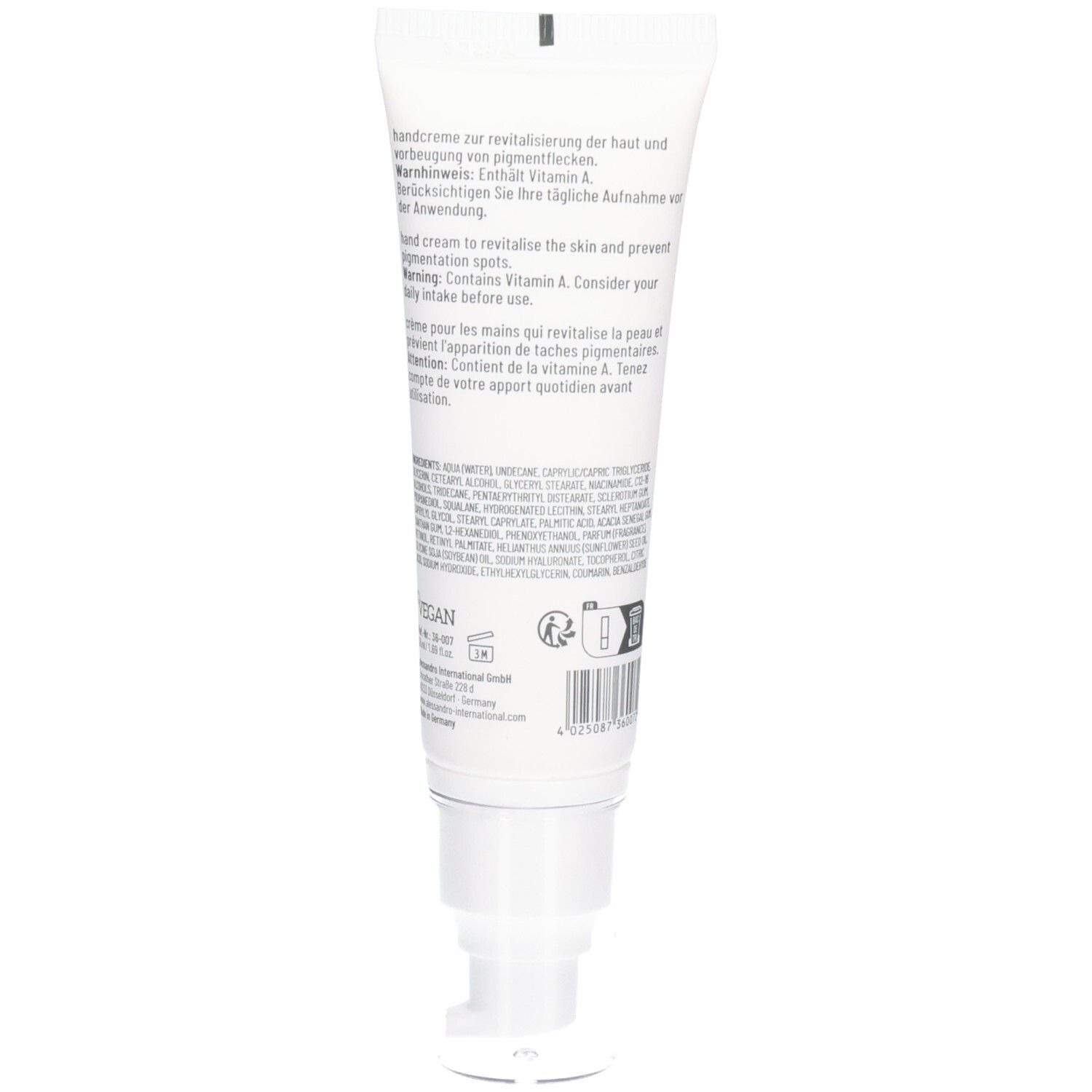 Rückseite der weißen Handcreme-Tube. Text in mehreren Sprachen, darunter Deutsch und Englisch.