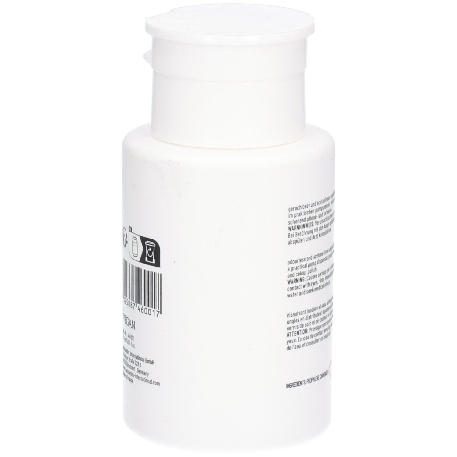 Weiße Flasche, Rückseite mit Text und Barcode. Klappverschluss. Vegan-Siegel.