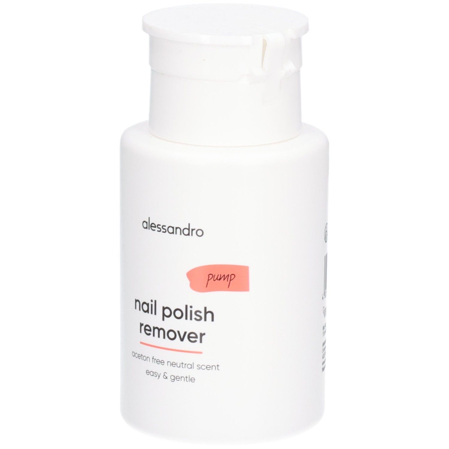 Weiße Flasche mit Klappverschluss. Aufschrift: alessandro, nail polish remover, pump. Acetonfrei, neutraler Duft.