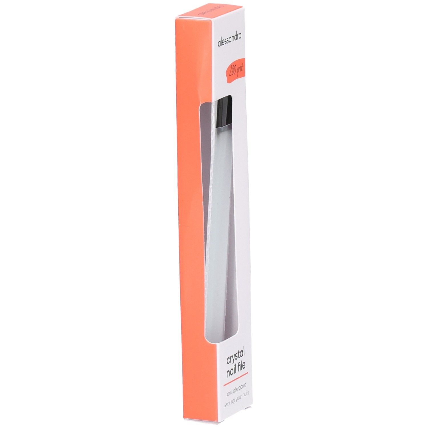 Schmale, längliche Verpackung mit einer Kristall-Nagelfeile. Sichtfenster. Marke: alessandro. Text: crystal nail file.