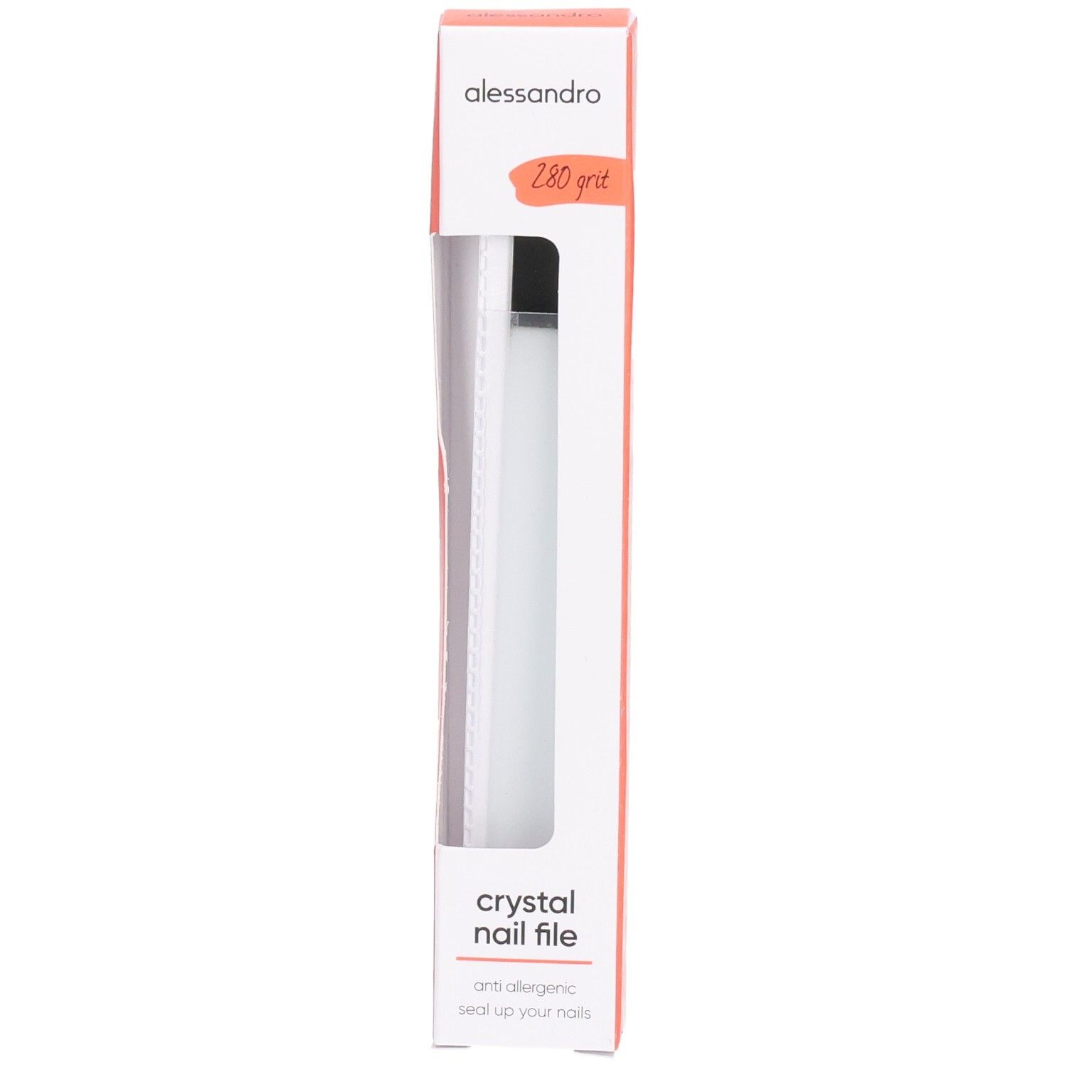 Schmale, längliche Verpackung mit einer Kristall-Nagelfeile. Marke: alessandro. Text: 280 grit, crystal nail file.