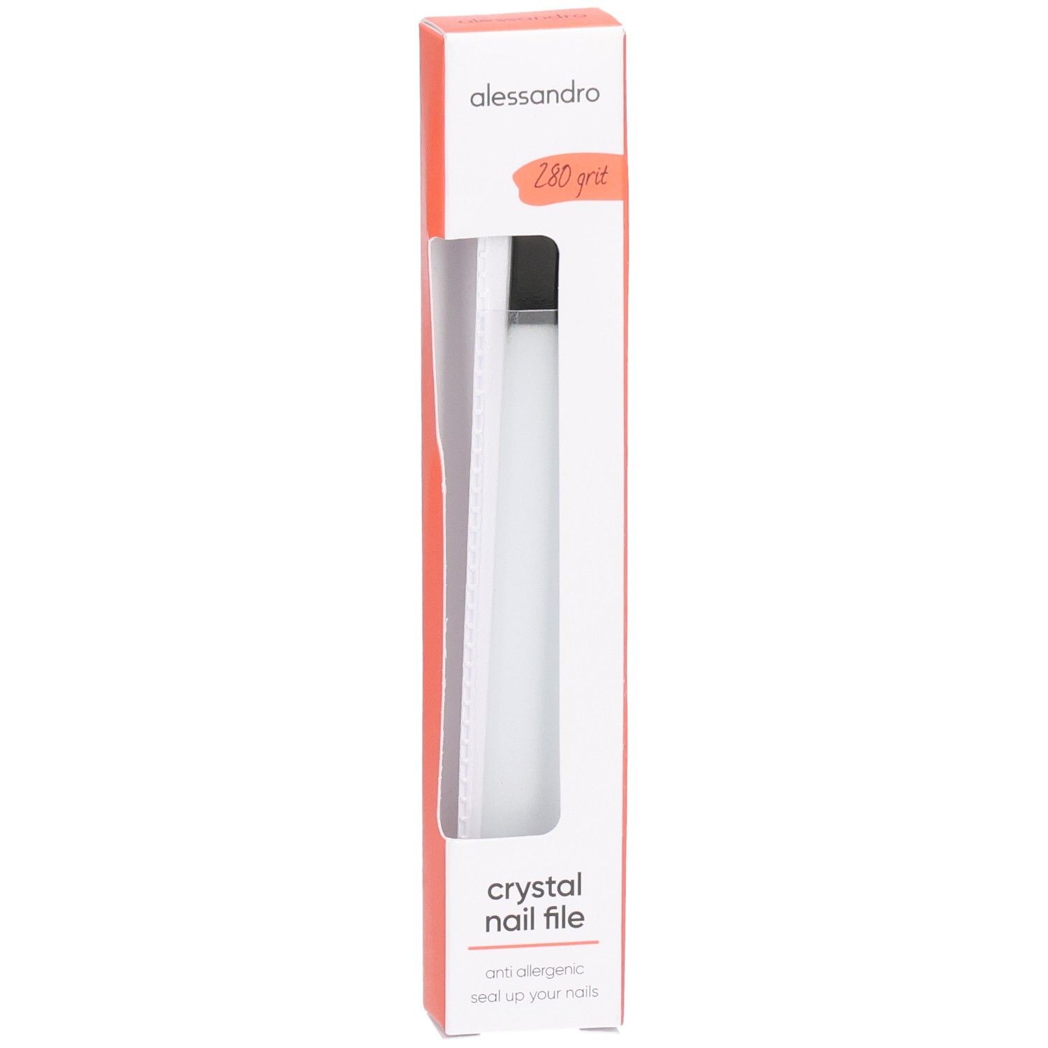 Schmale, längliche Verpackung mit einer Kristall-Nagelfeile. Marke: alessandro. Text: 280 grit, crystal nail file.