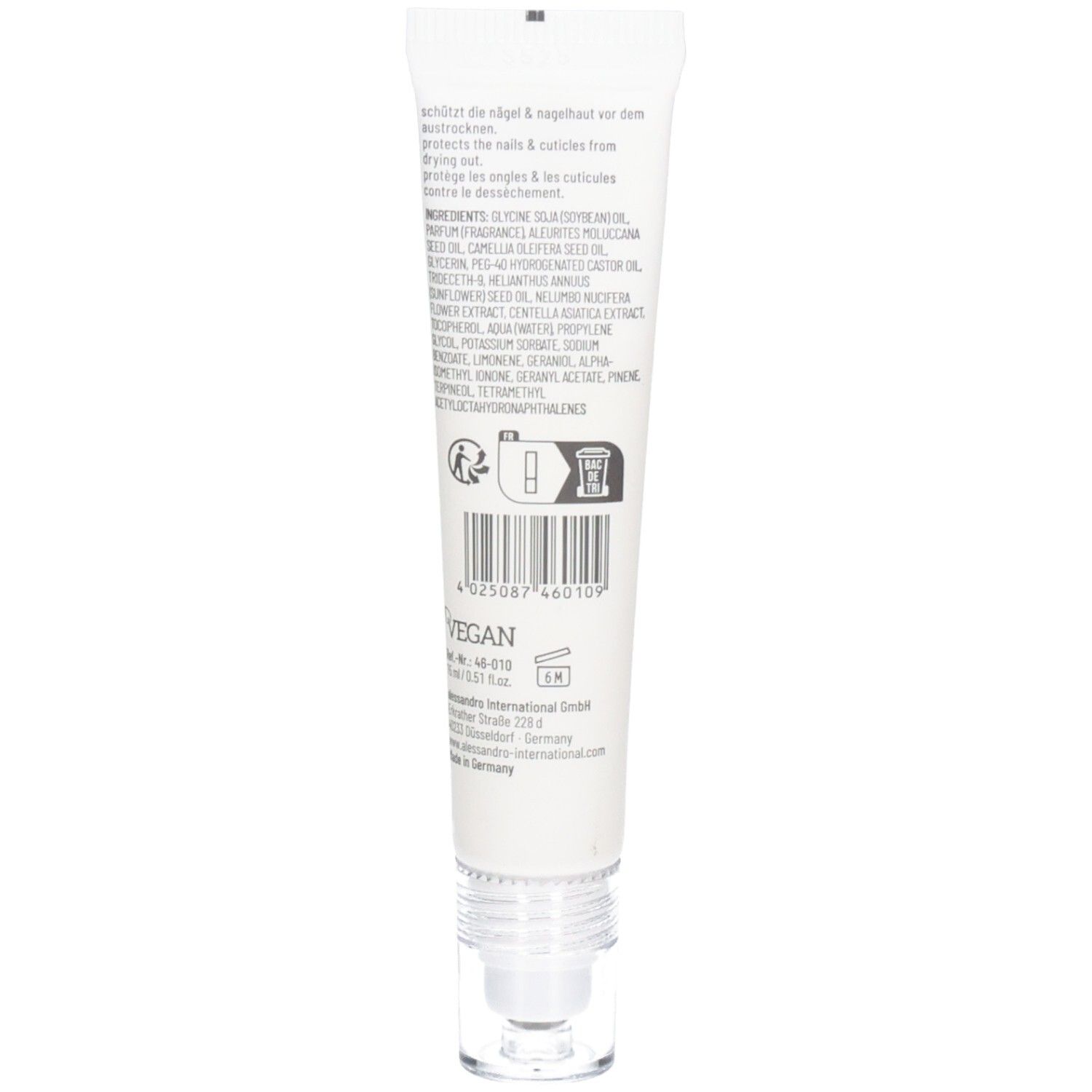 Weiße Tube mit Roll-on-Applikator. Rückseite mit Text und Barcode. Beschriftung: vegan.
