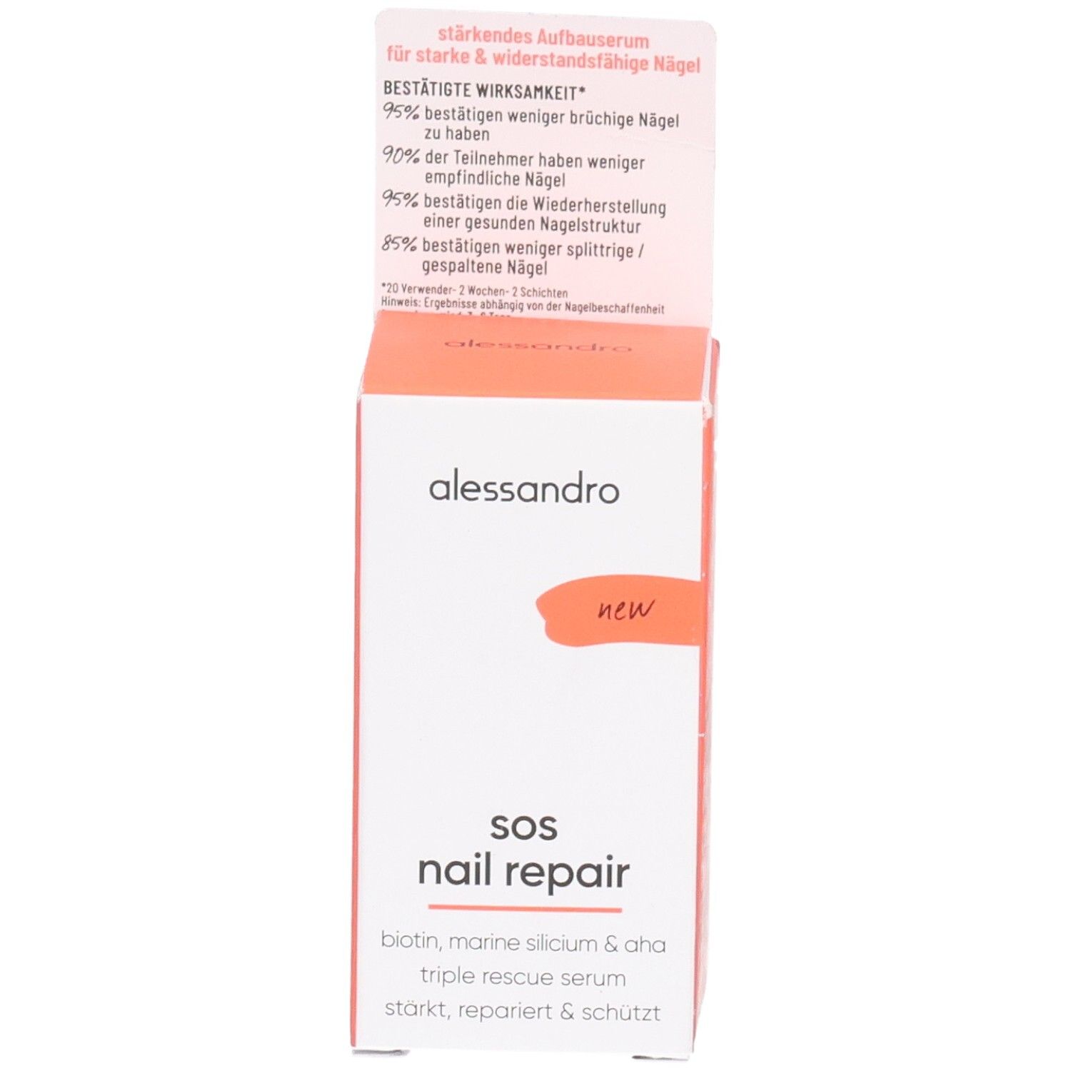 Weiße Schachtel mit orangefarbenem Deckel. Aufschrift: alessandro, SOS Nail Repair. Enthält Informationen zur Nagelreparatur.