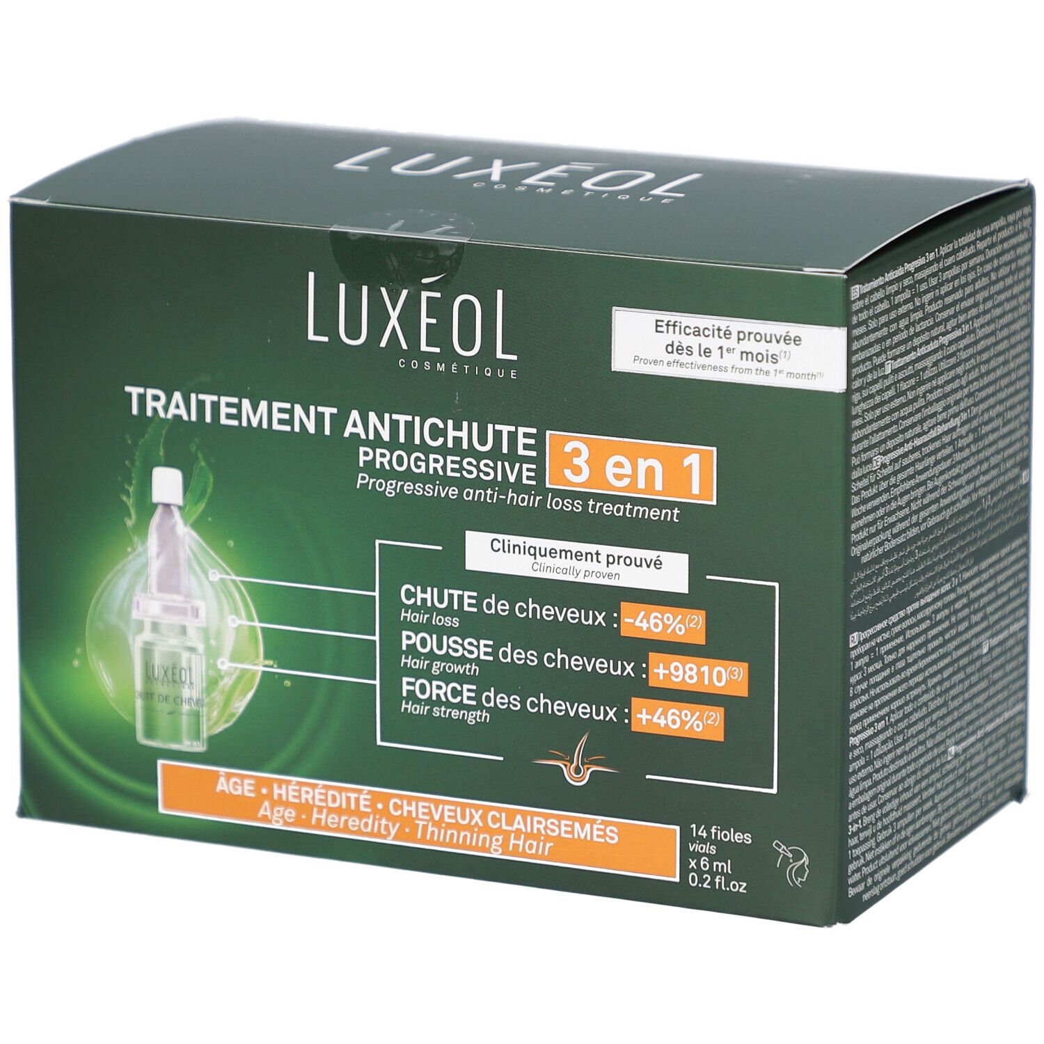 Grüne Schachtel mit LUXEOL. Anti-Haarausfall-Behandlung, 3 in 1. Enthält 14 Fläschchen. Klinisch erwiesen. Reduziert Haarausfall, fördert Wachstum.