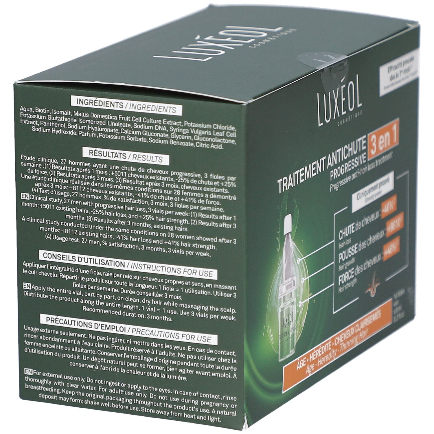 Rückseite der LUXEOL-Schachtel. Enthält Inhaltsstoffe, Ergebnisse, Anwendungshinweise und Vorsichtsmaßnahmen. Text in mehreren Sprachen.