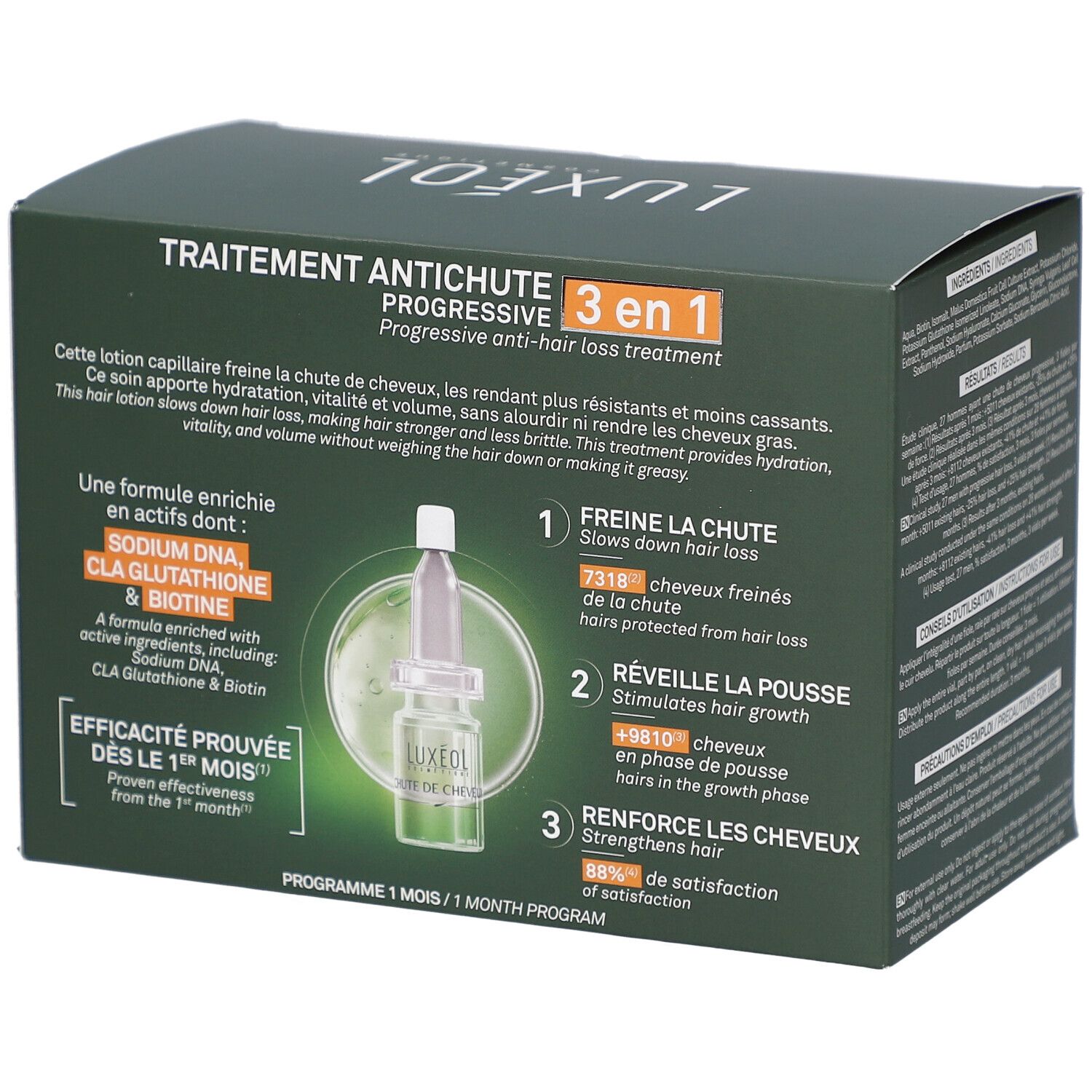 Rückseite der LUXEOL-Schachtel. Anti-Haarausfall-Behandlung, 3 in 1. Enthält Inhaltsstoffe. Beschreibt die Wirkung: verlangsamt Haarausfall.