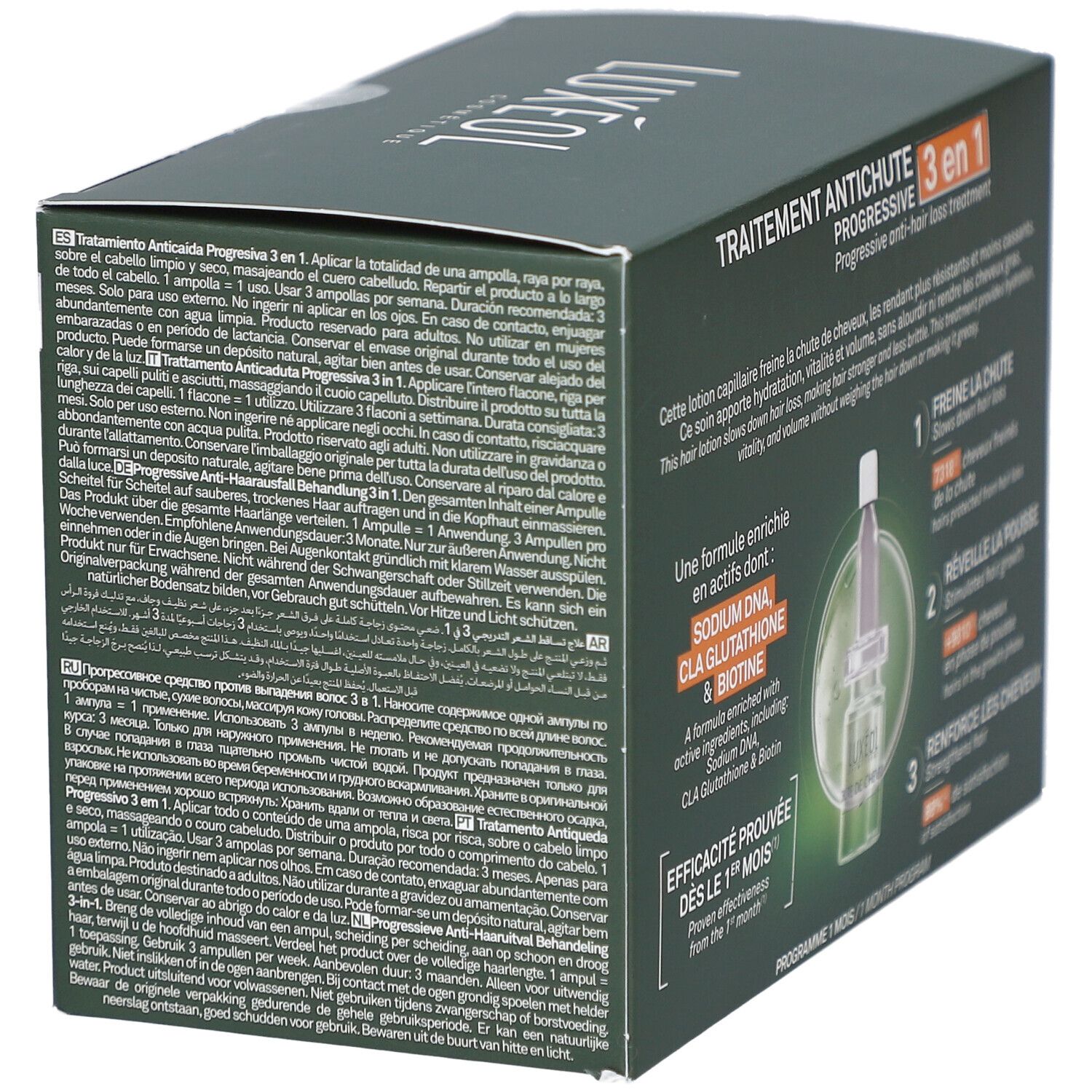 Rückseite der LUXEOL-Schachtel. Anti-Haarausfall-Behandlung, 3 in 1. Text in mehreren Sprachen. Enthält Informationen zur Anwendung.