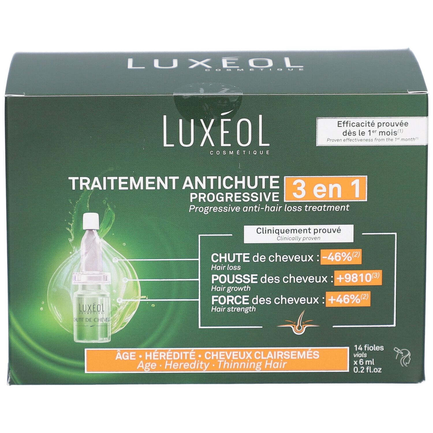 Grüne Schachtel LUXEOL. Anti-Haarausfall-Behandlung, 3 in 1. Enthält 14 Fläschchen. Klinisch erwiesen. Reduziert Haarausfall, fördert Wachstum.