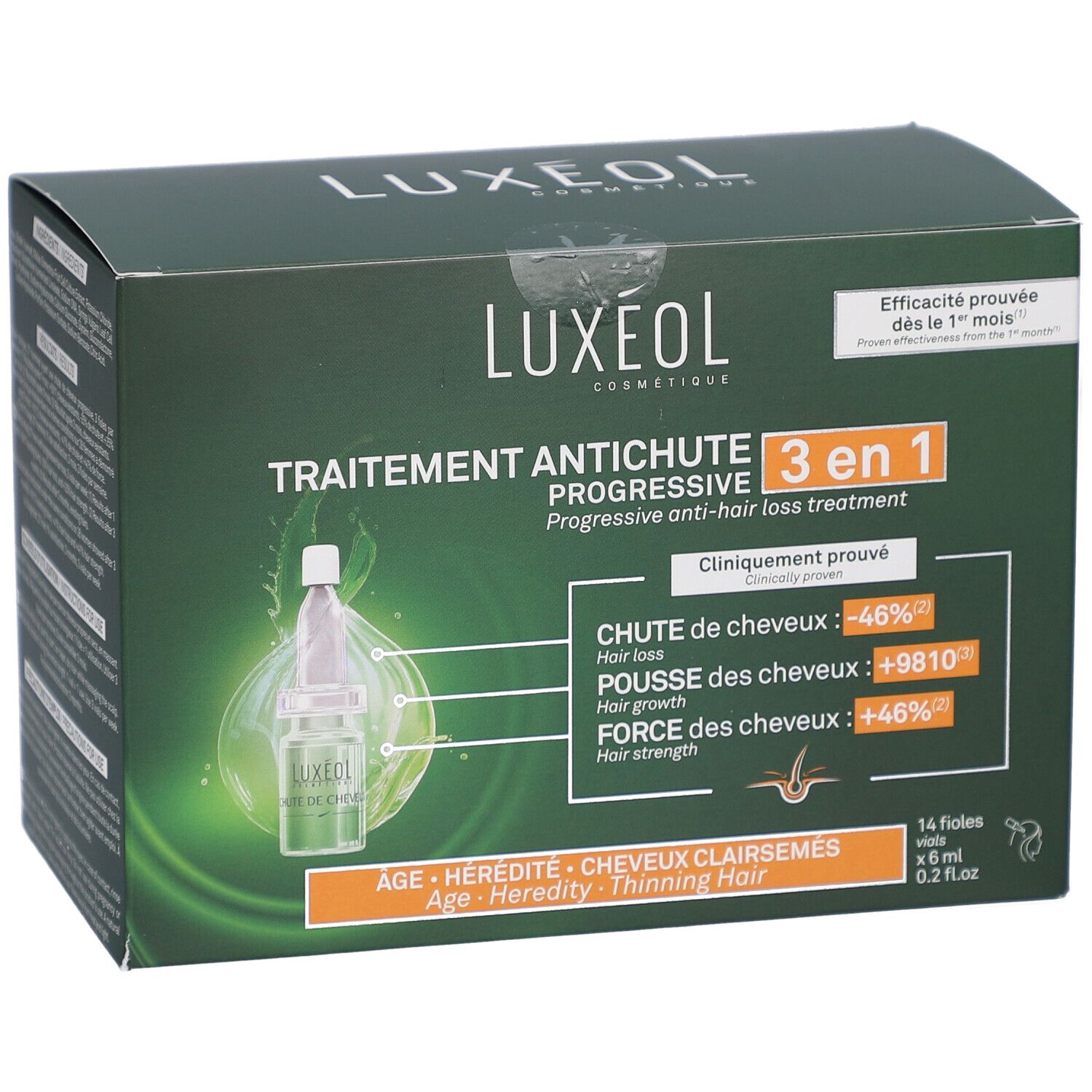 Grüne Schachtel LUXEOL. Anti-Haarausfall-Behandlung, 3 in 1. Enthält 14 Fläschchen. Klinisch erwiesen. Reduziert Haarausfall, fördert Wachstum.