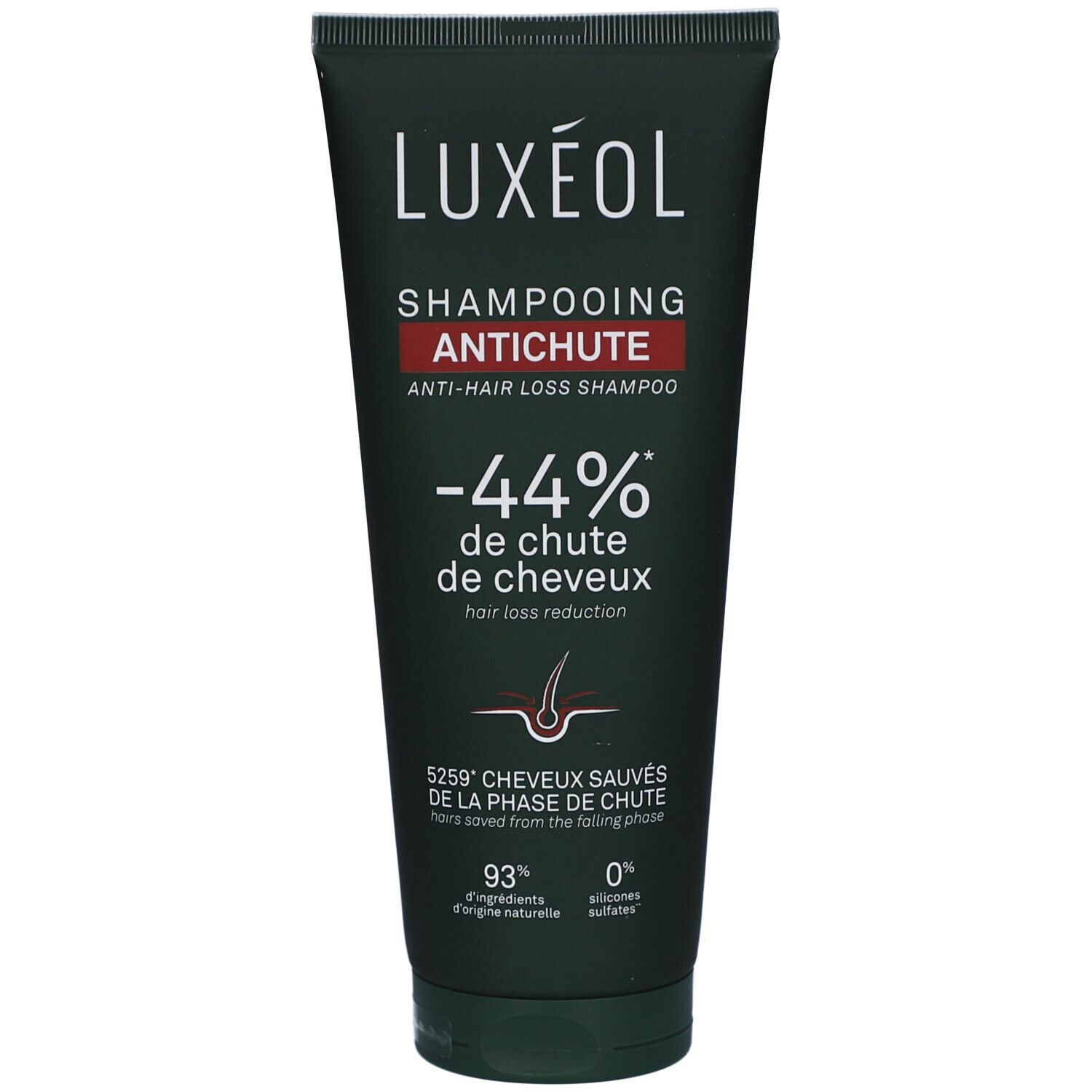 Schwarze Tube LUXEOL Shampoo. Roter Streifen mit Text. -44% Reduzierung des Haarausfalls. Illustration eines Haares.