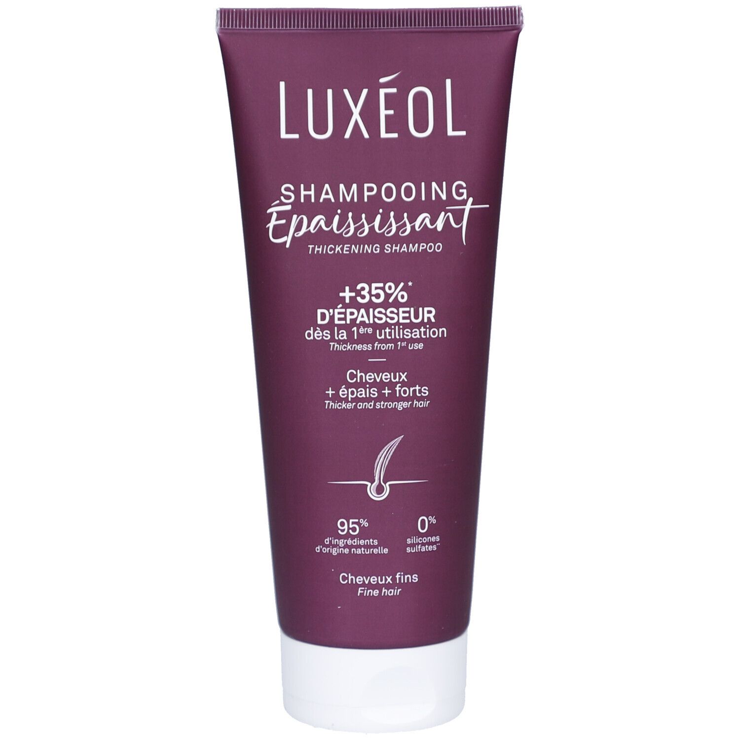 Lila Tube mit weißem Deckel. LUXEOL Shampoo, verdickendes Shampoo, Schriftzug. Enthält 95% Inhaltsstoffe natürlichen Ursprungs.