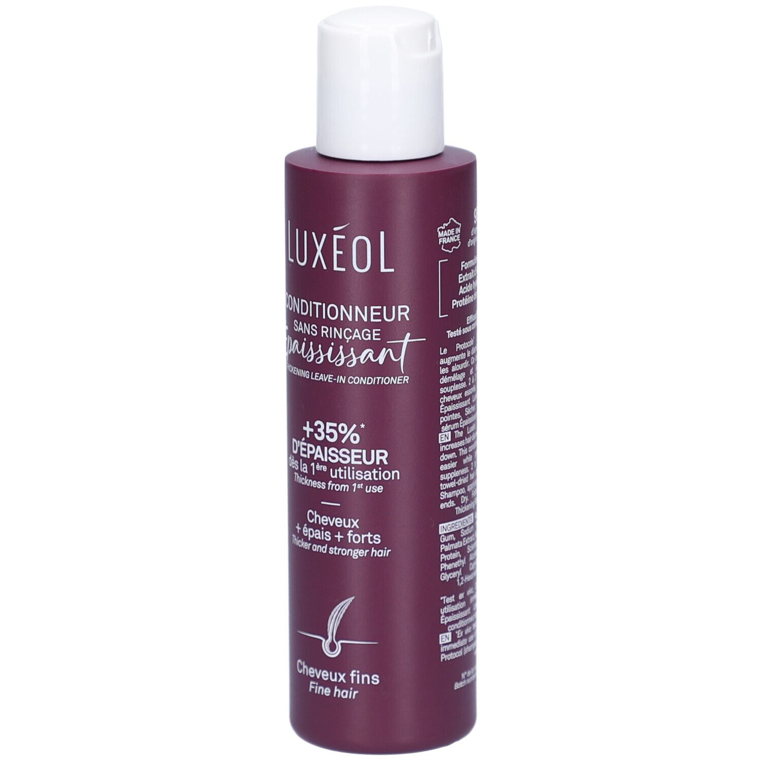 Dunkelrote Flasche mit weißem Verschluss. LUXEOL Conditionneur Sans Rinçage. Für feines Haar.
