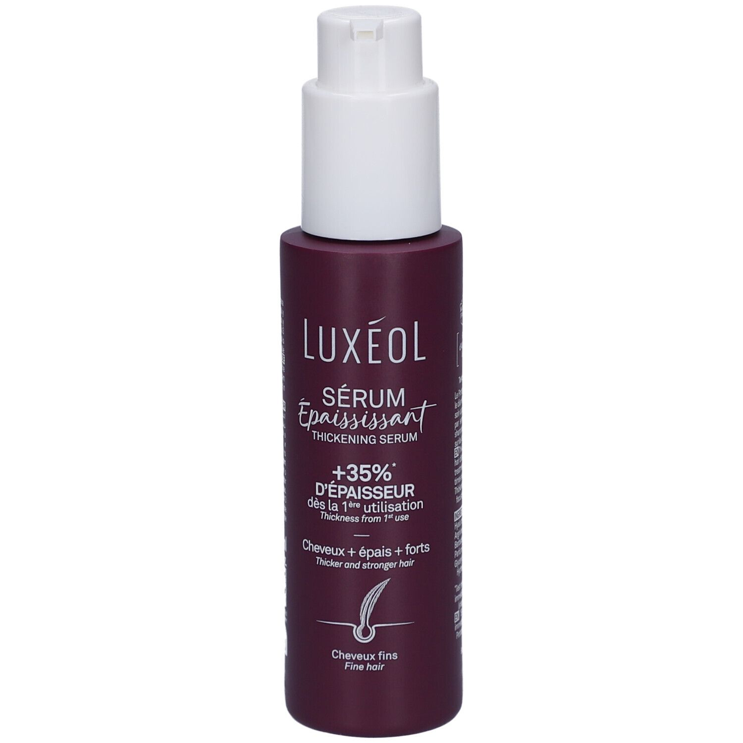 Dunkelrote Flasche mit Pumpspender für LUXEOL Haarserum, 35% mehr Fülle ab der 1. Anwendung.