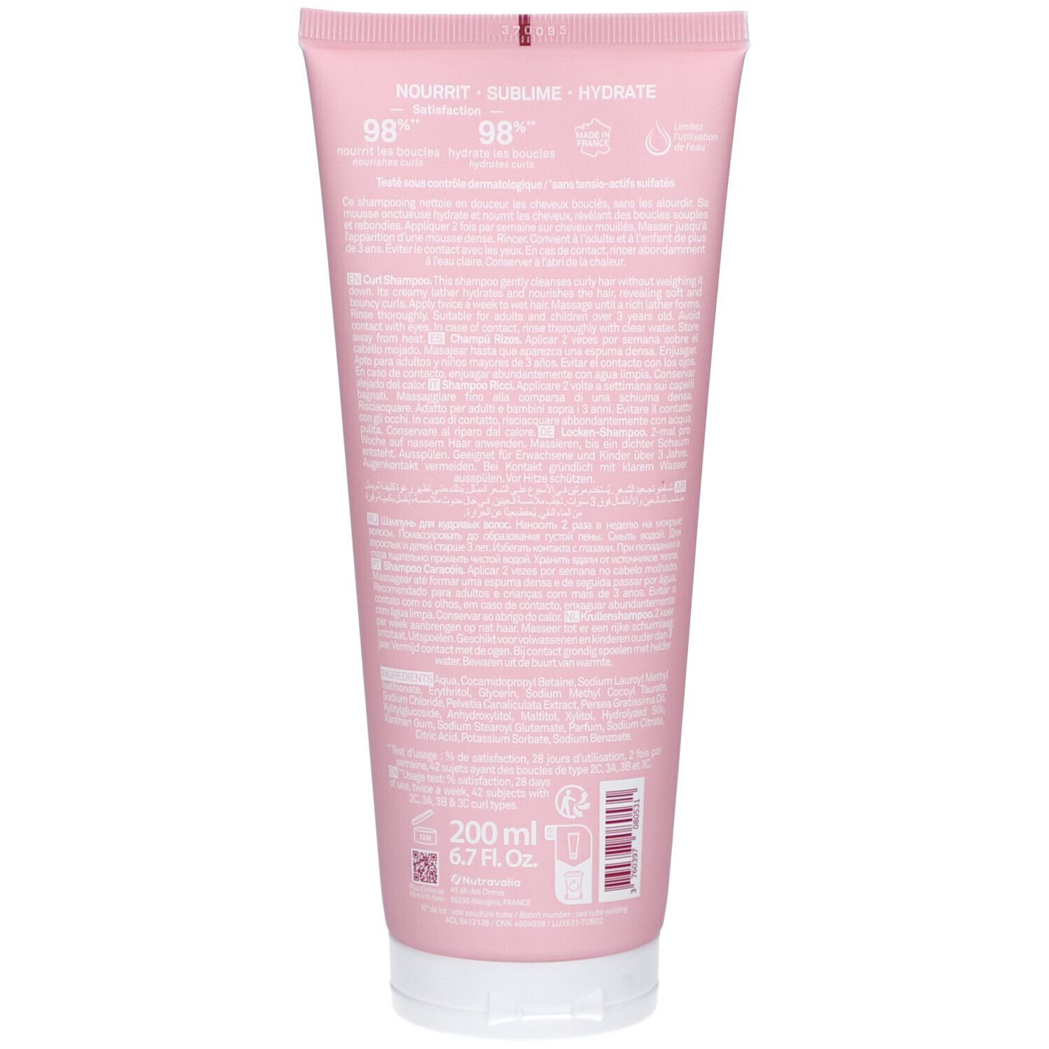 Rückseite der rosa Tube LUXEOL Lockenshampoo. Text "Nourrit sublime hydrate". Volumen: 200 ml.