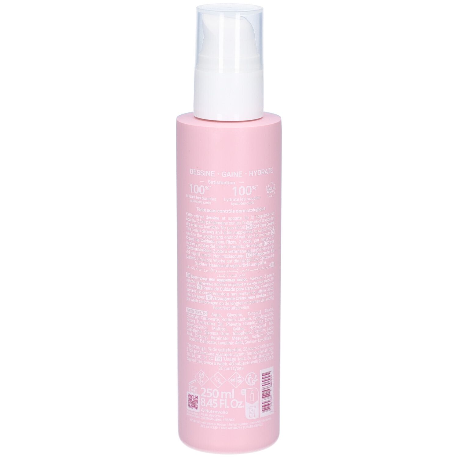 Eine rosa Flasche mit Pumpspender. Enthält 250 ml. Text auf der Flasche.