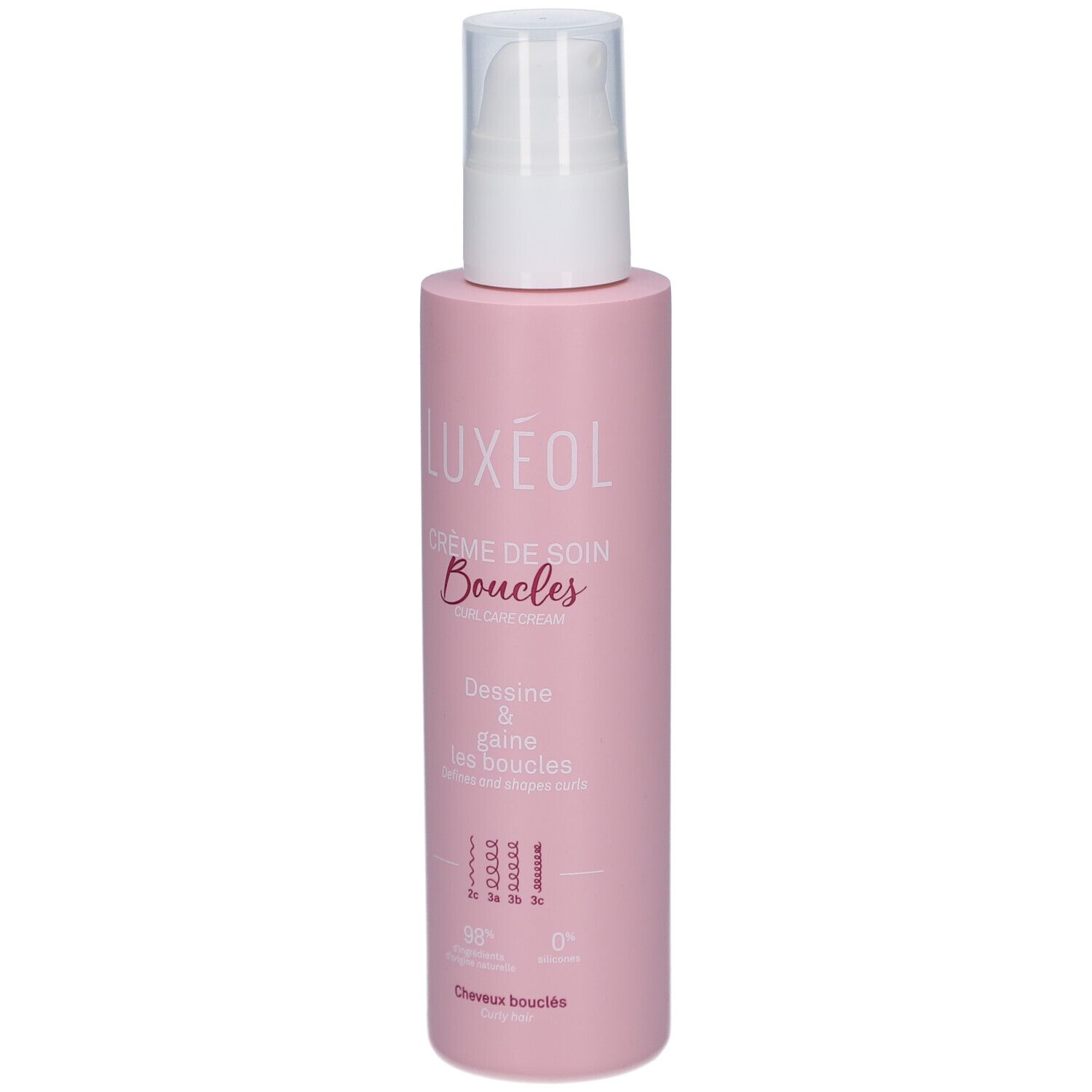 Luxeol Lockenpflegecreme in einer rosa Flasche mit Pumpspender. Beschriftung: "Crème de soin Boucles".