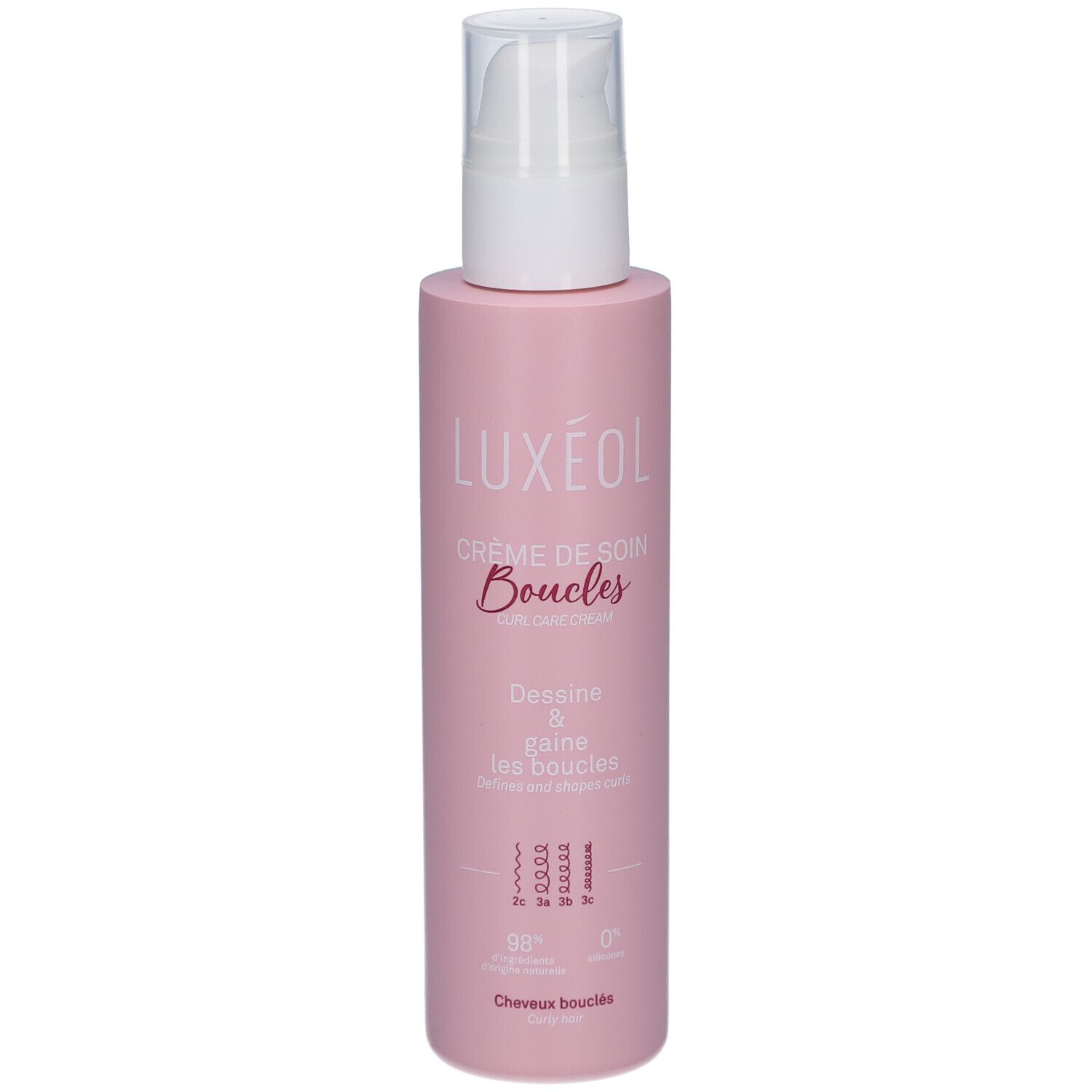 Luxeol Lockenpflegecreme in einem rosa Pumpspender. Beschriftung: "Crème de Soin Boucles".