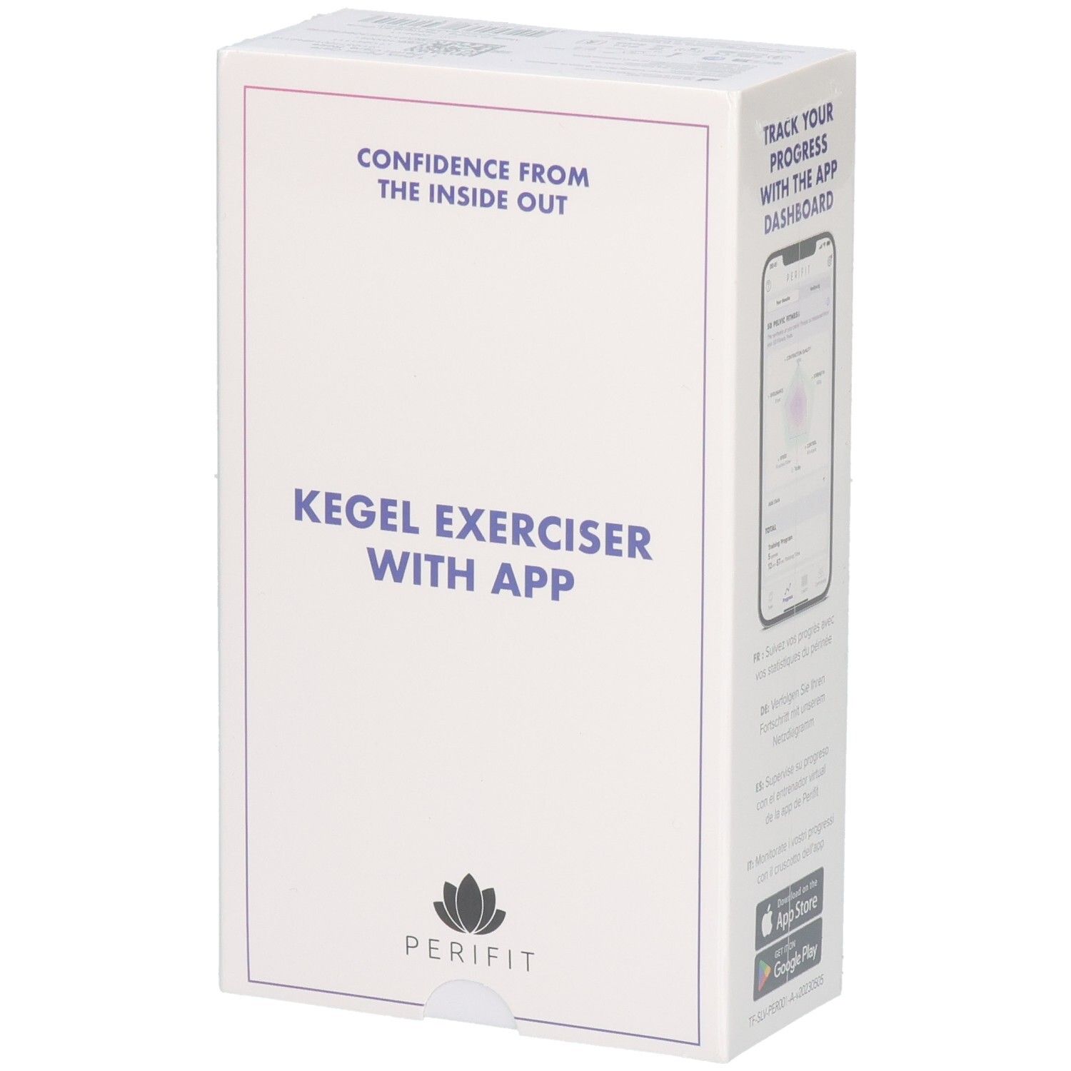 Weiße Produktverpackung mit lila Schriftzug: Kegel Exerciser with App. Logo: Perifit. Text: Confidence from the inside out. App-Dashboard-Abbildung.