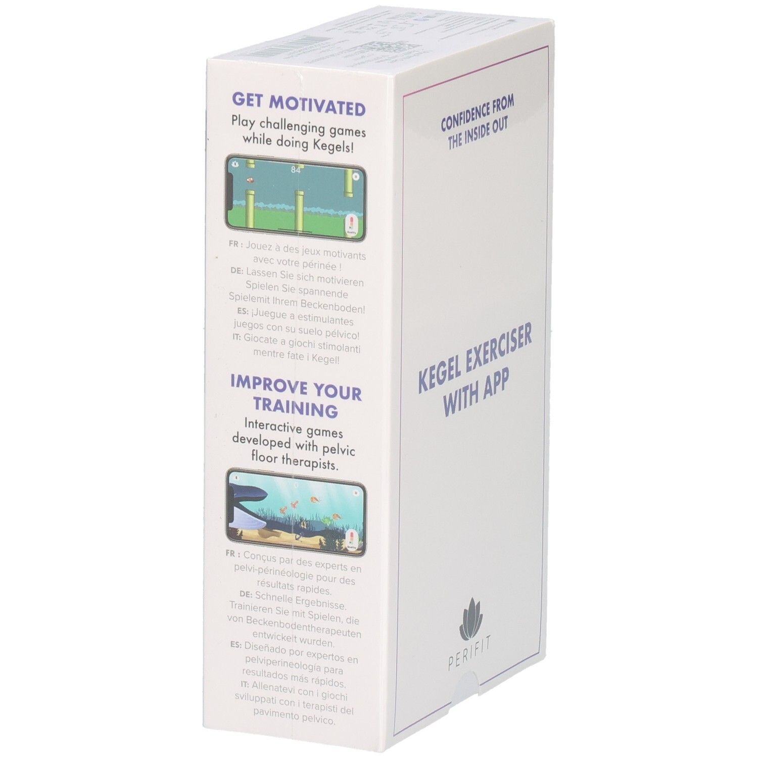 Weiße Produktverpackung. Text: Kegel Exerciser with App. Logo: Perifit. Illustrationen von App-Spielen und Texten in mehreren Sprachen. Text: Get motivated.
