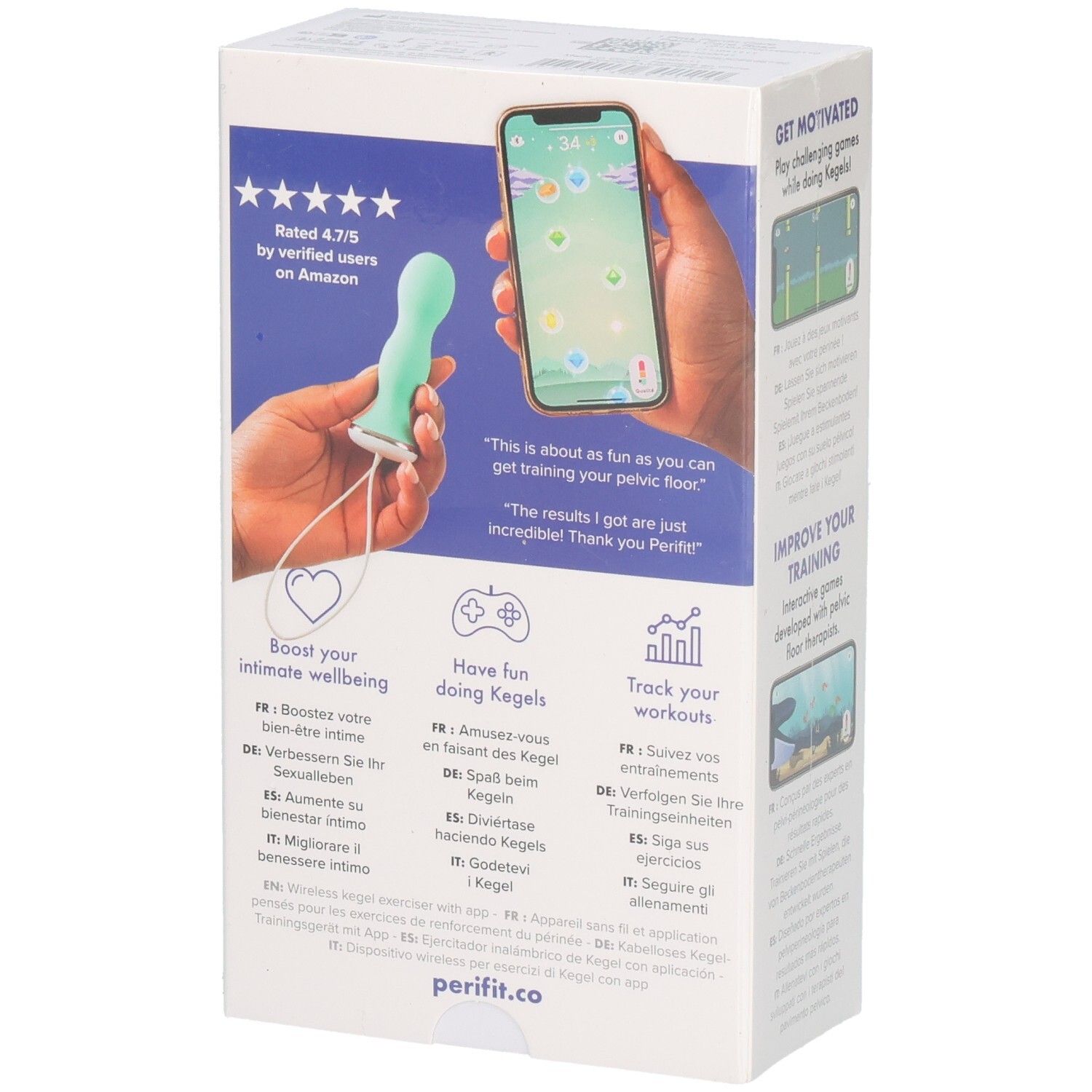 Produktverpackung. Hand hält Beckenbodentrainer und Smartphone. Text: Boost your intimate wellbeing. Logo: Perifit. Sterne-Bewertung. App-Illustration. Text in mehreren Sprachen.