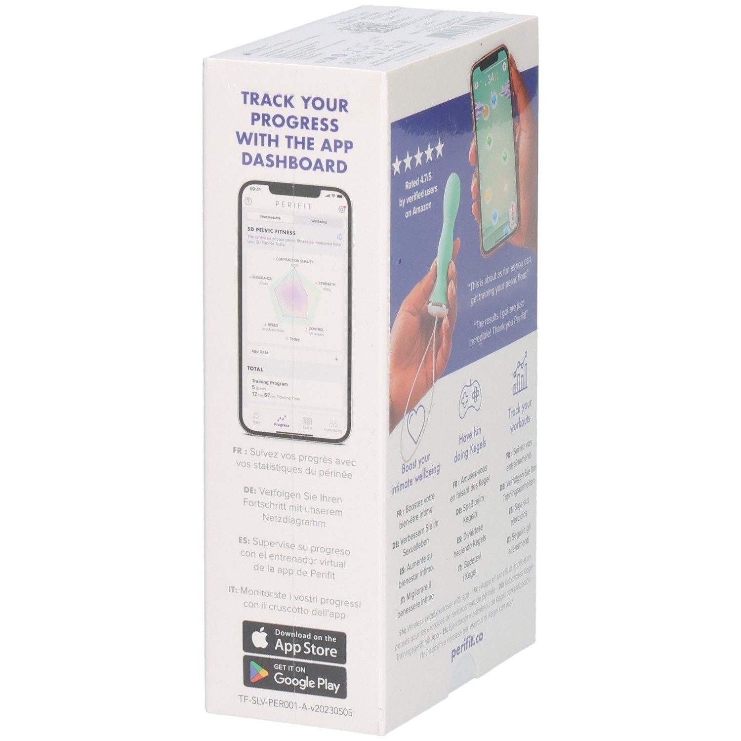 Produktverpackung. Smartphone-Abbildung mit App-Dashboard. Text: Track your progress with the app dashboard. Logo: Perifit. App Store und Google Play Logos.