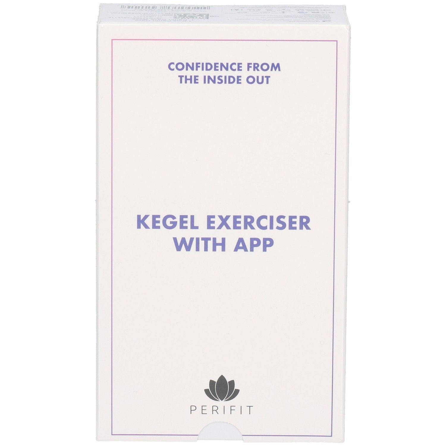 Weiße Produktverpackung. Text: Kegel Exerciser with App. Logo: Perifit. Text: Confidence from the inside out. Lila Rahmen.