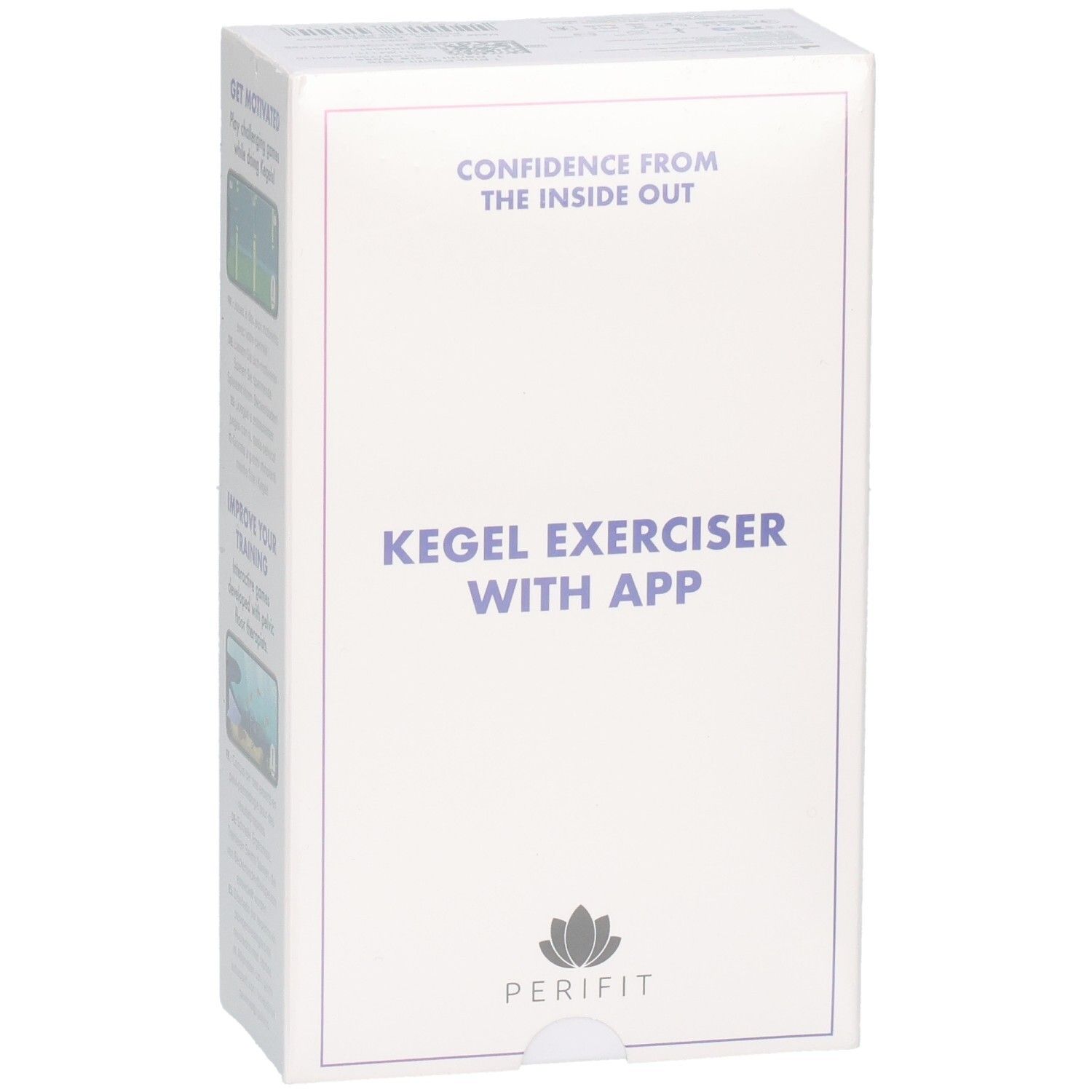 Weiße Produktverpackung. Text: Kegel Exerciser with App. Logo: Perifit. Text: Confidence from the inside out.