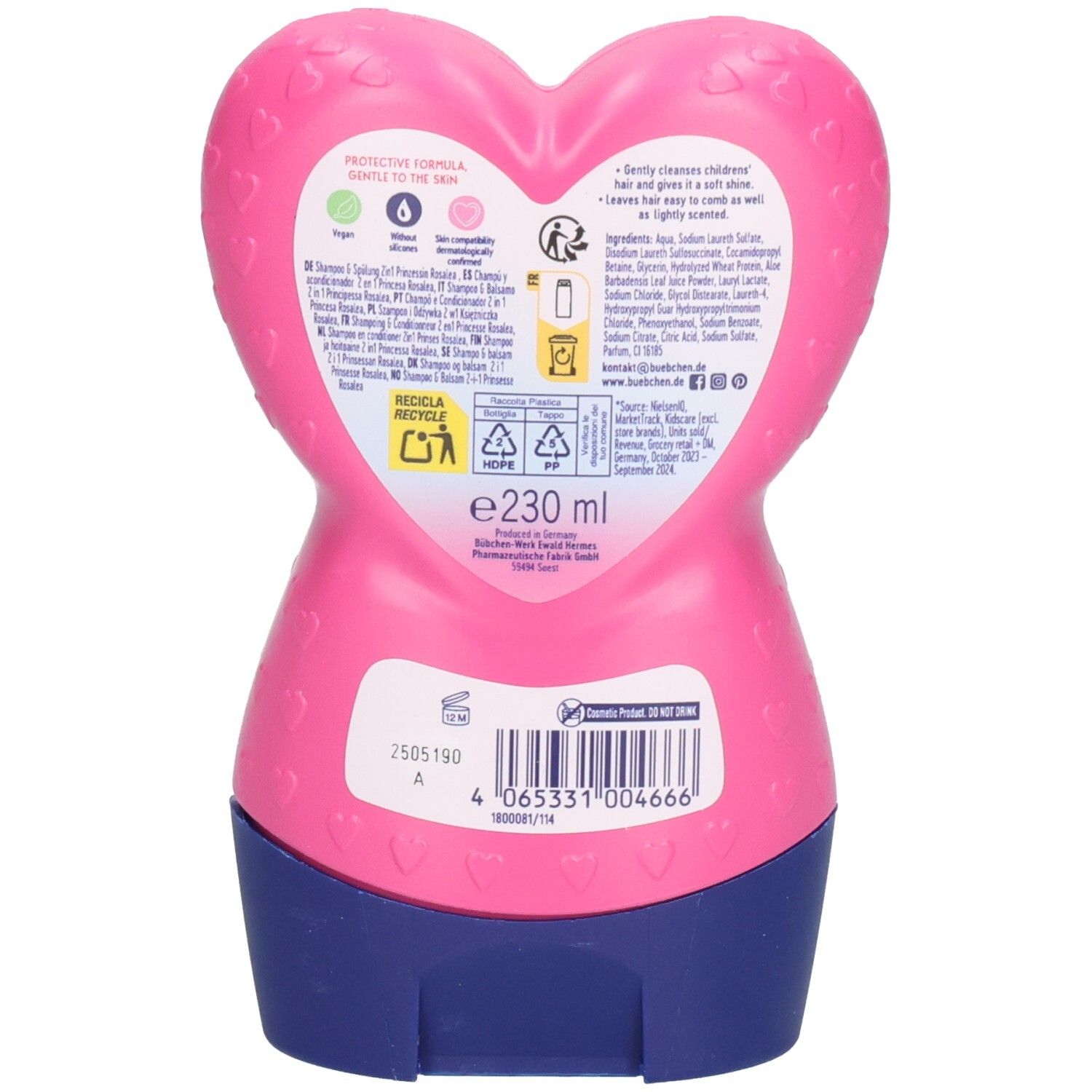 Rückseite der rosa Shampoo-Flasche. Text: Inhaltsstoffe, Hinweise zur Anwendung, Recycling-Symbol. Unten: Barcode und Volumenangabe.