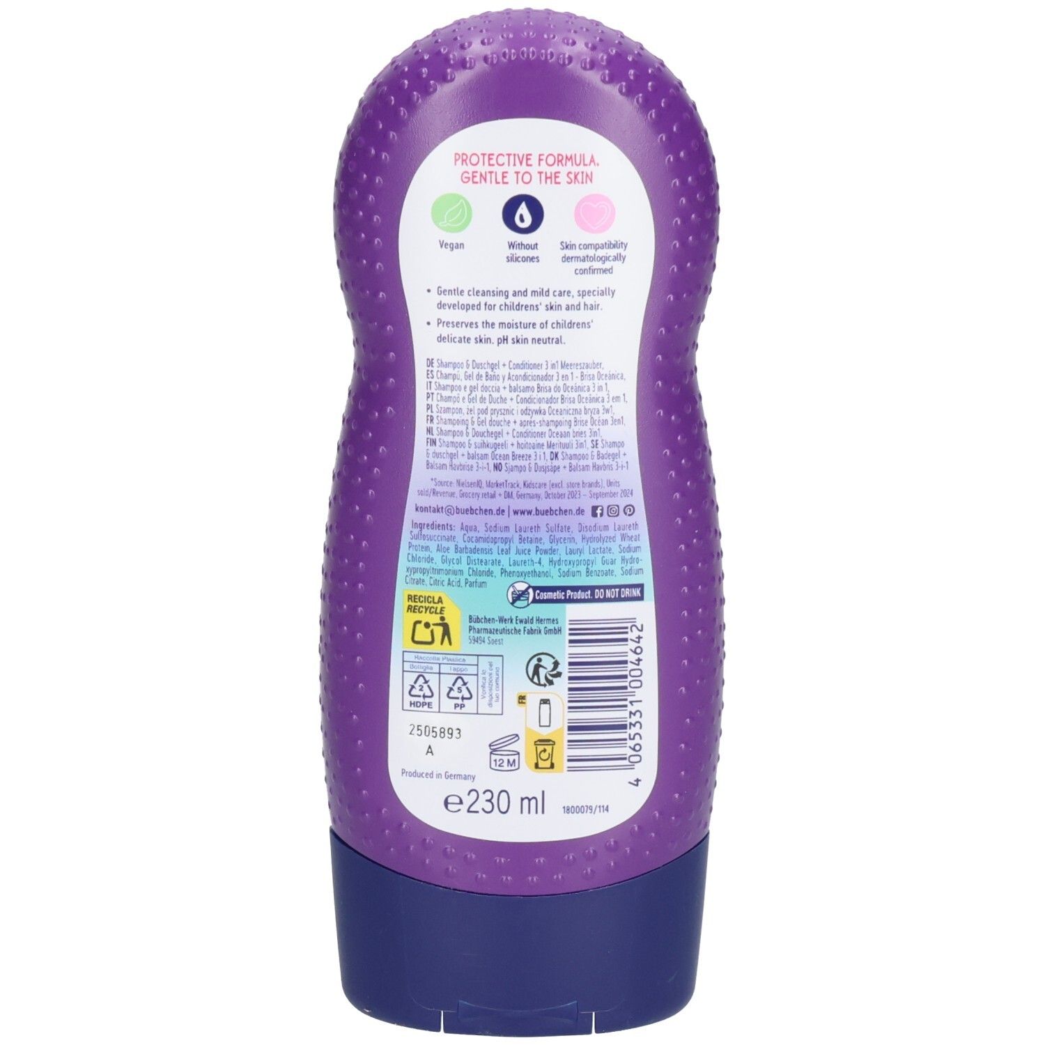 Rückseite der violetten Flasche. Text: Protective Formula, Inhaltsstoffe, Recycling-Symbole, 230 ml.