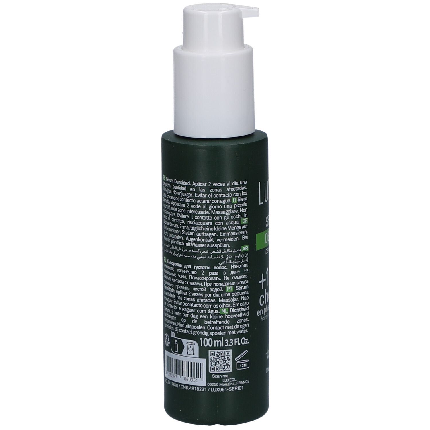 Grüne Flasche mit weißem Pumpkopf. Rückseite mit Text in mehreren Sprachen. QR-Code und Barcode.