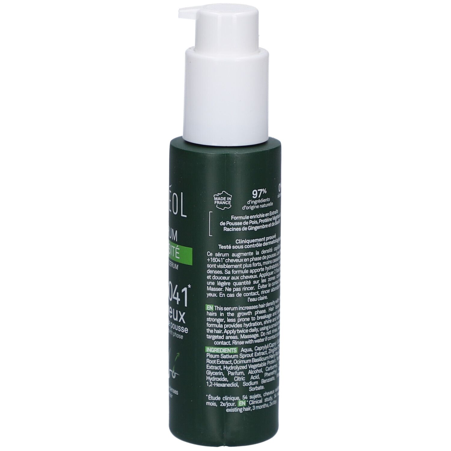 Grüne Flasche mit weißem Pumpkopf. Rückseite mit Text und Prozentangaben. Inhaltsstoffe aufgelistet.