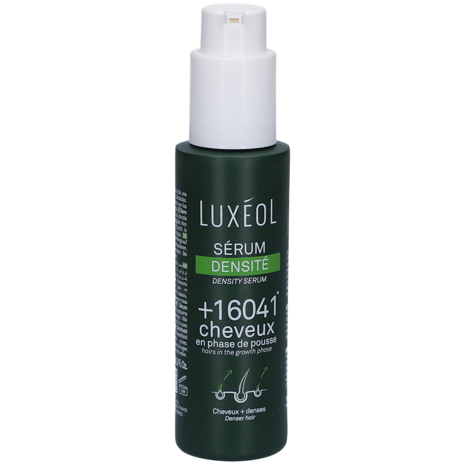 Grüne Flasche mit weißem Pumpkopf. Aufschrift: LUXEOL, Sérum Densité, +16041 cheveux. Abbildung von Haaren.