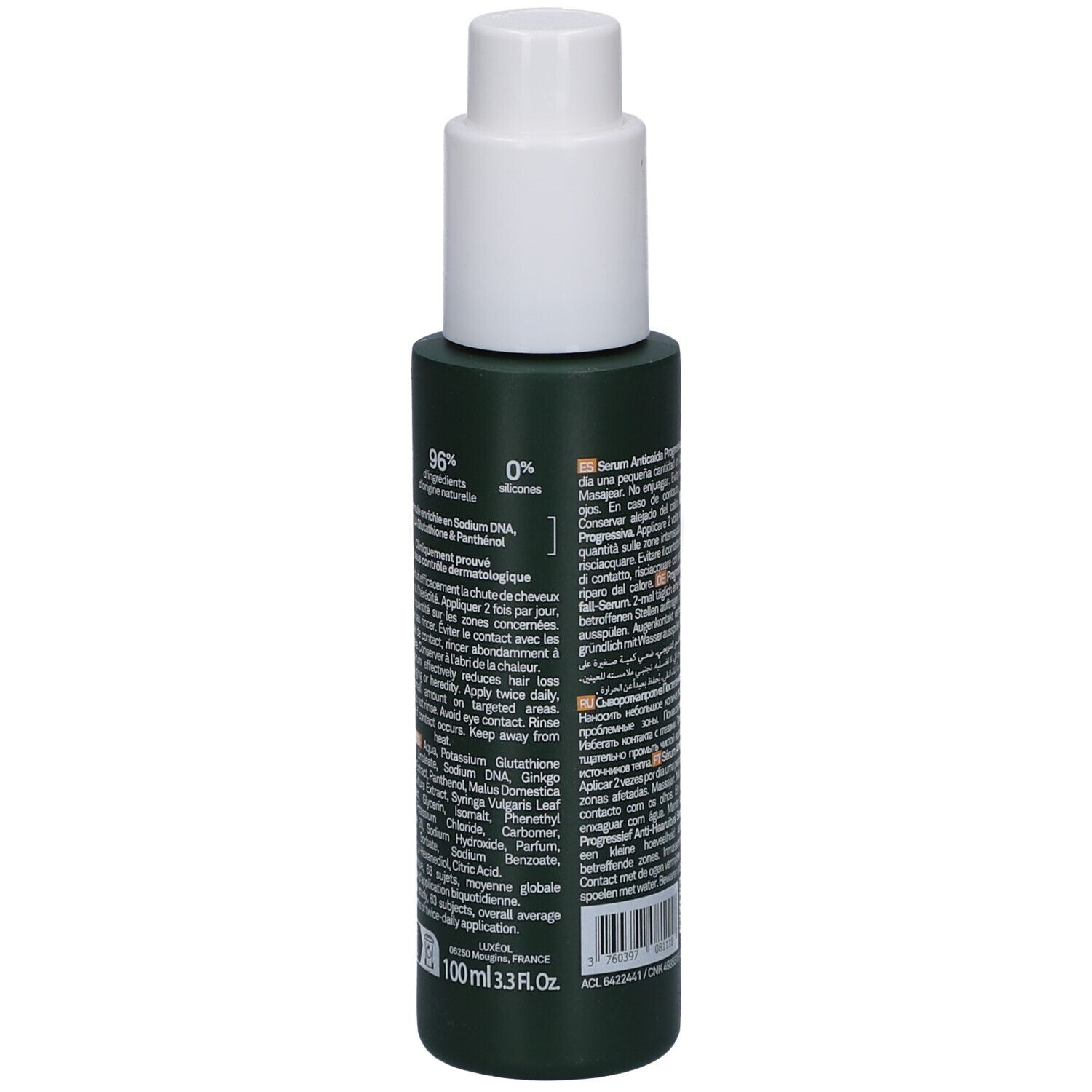 Grüne Flasche mit weißem Pumpkopf. Rückseite mit Text. LUXÉOL Sérum Antichute Progressive. 100 ml.