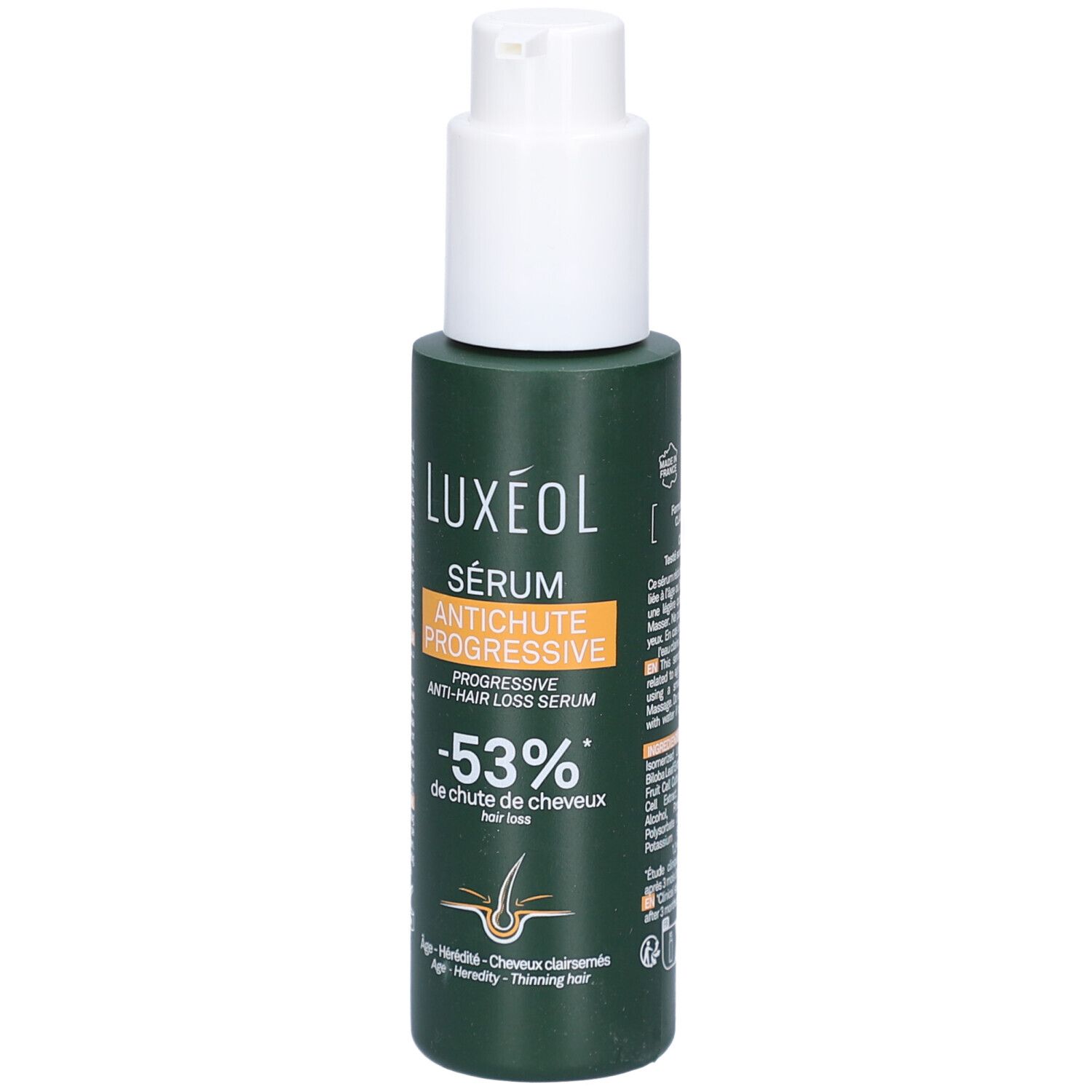 Grüne Flasche mit weißem Pumpkopf. LUXÉOL Sérum Antichute Progressive. -53% Haarausfall. Produktetikett.