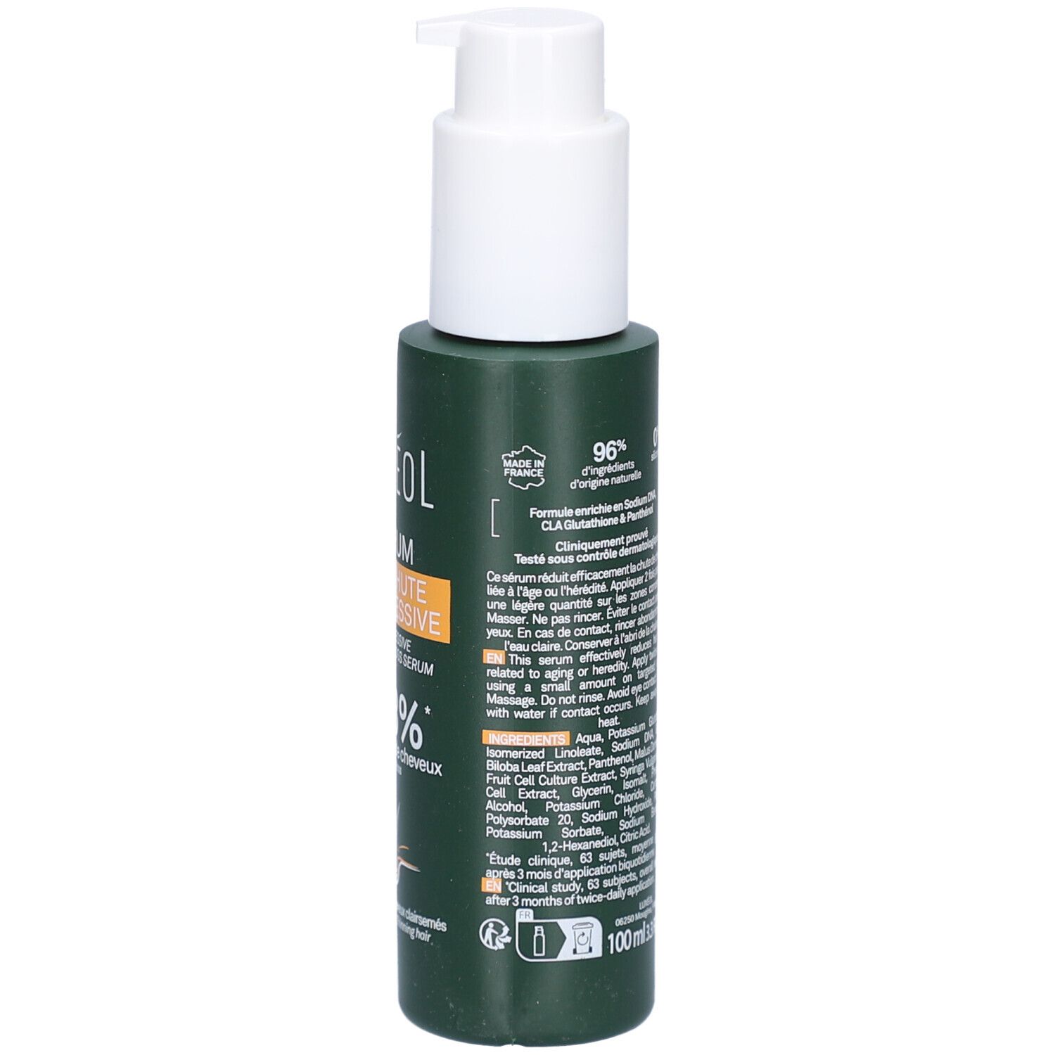 Grüne Flasche mit weißem Pumpkopf. Rückseite mit Text. LUXÉOL Sérum Antichute Progressive. 100 ml.