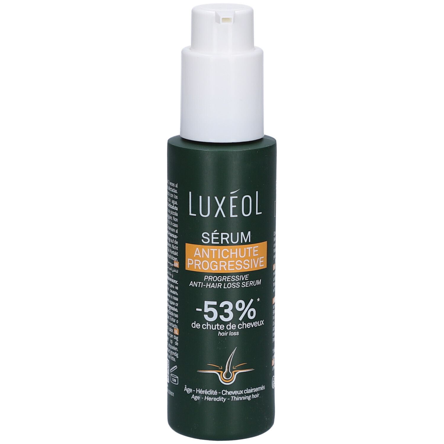 Grüne Flasche mit weißem Pumpkopf. LUXÉOL Sérum Antichute Progressive. -53% Haarausfall. Produktetikett.