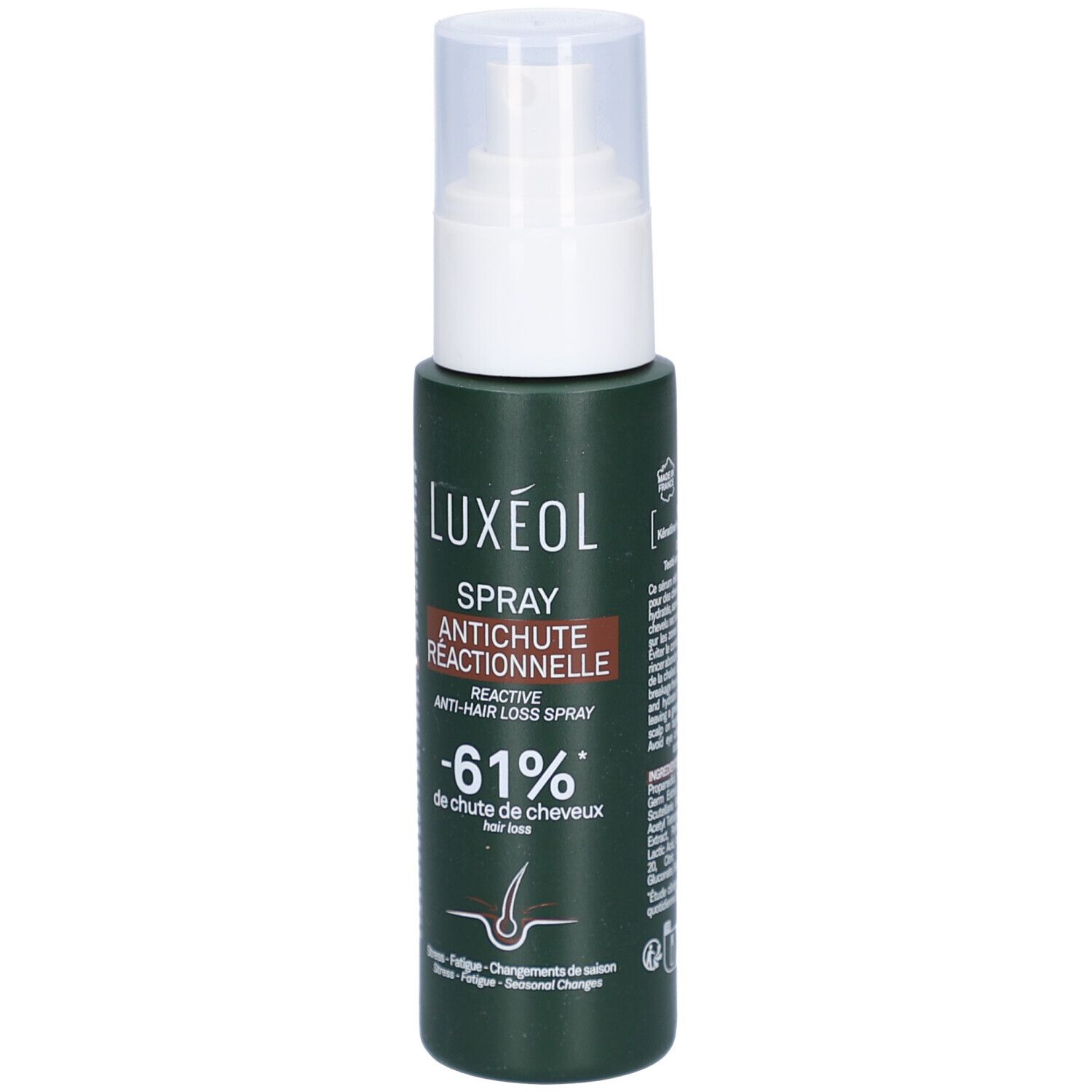 Grüne Sprühflasche mit weißem Sprühkopf. Text: LUXEOL, Spray Antichute Réactionnelle, -61% de chute de cheveux.