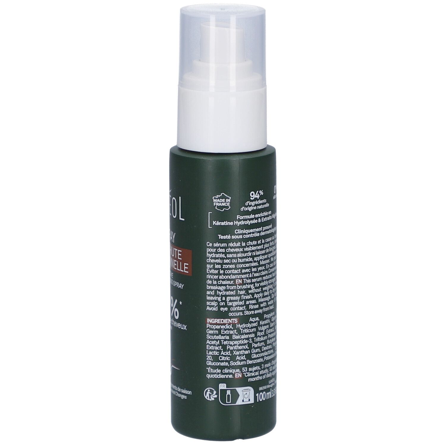 Grüne Sprühflasche mit weißem Sprühkopf. Text: LUXEOL, Spray Antichute Réactionnelle, -61% de chute de cheveux. Inhaltsstoffe.