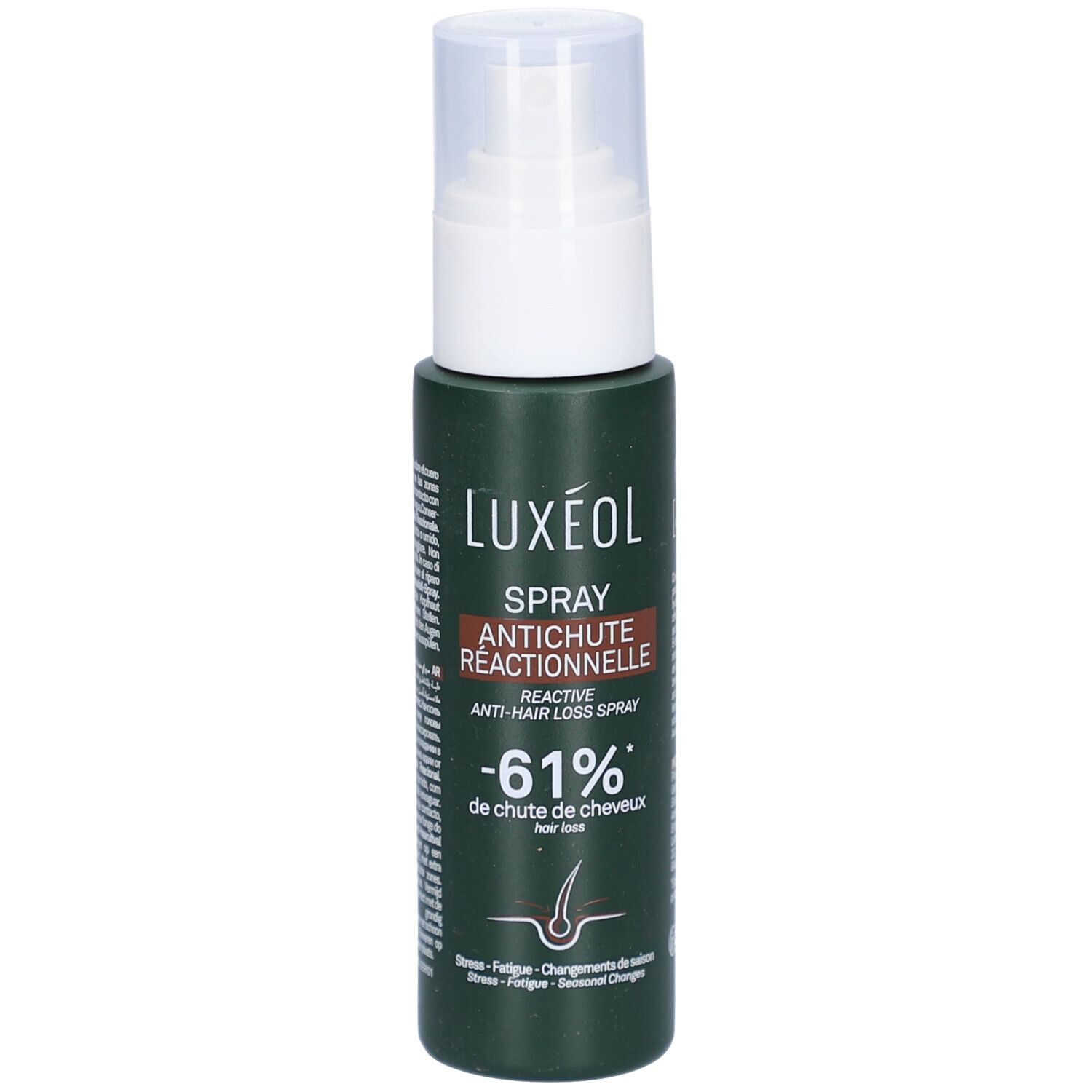 Grüne Sprühflasche mit weißem Sprühkopf. Text: LUXEOL, Spray Antichute Réactionnelle, -61% de chute de cheveux.