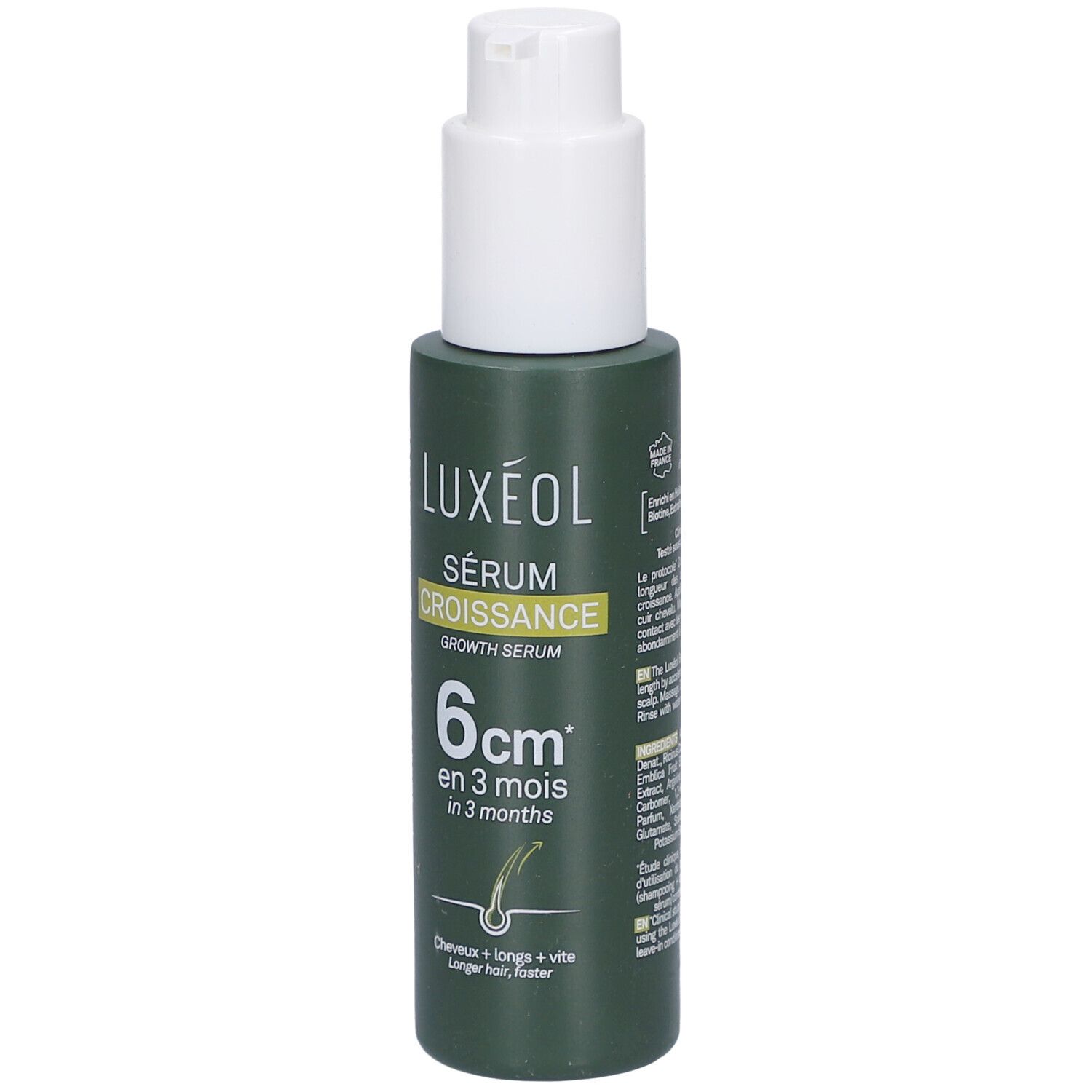 Grüne Flasche mit weißem Pumpkopf. Aufschrift: LUXÉOL Sérum Croissance, 6cm in 3 Monaten. Abbildung von Haaren.