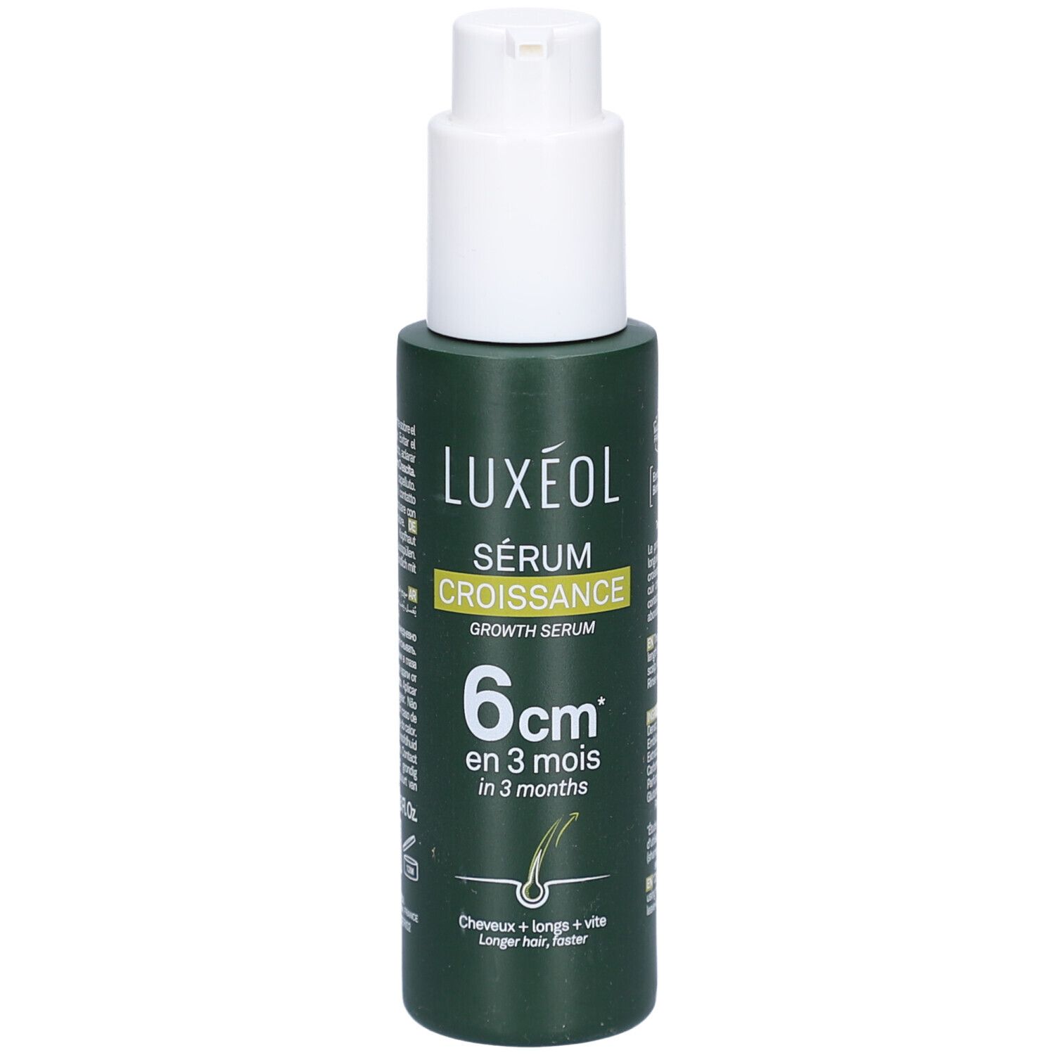 Grüne Flasche mit weißem Pumpkopf. Aufschrift: LUXÉOL Sérum Croissance, 6cm in 3 Monaten. Abbildung von Haaren.